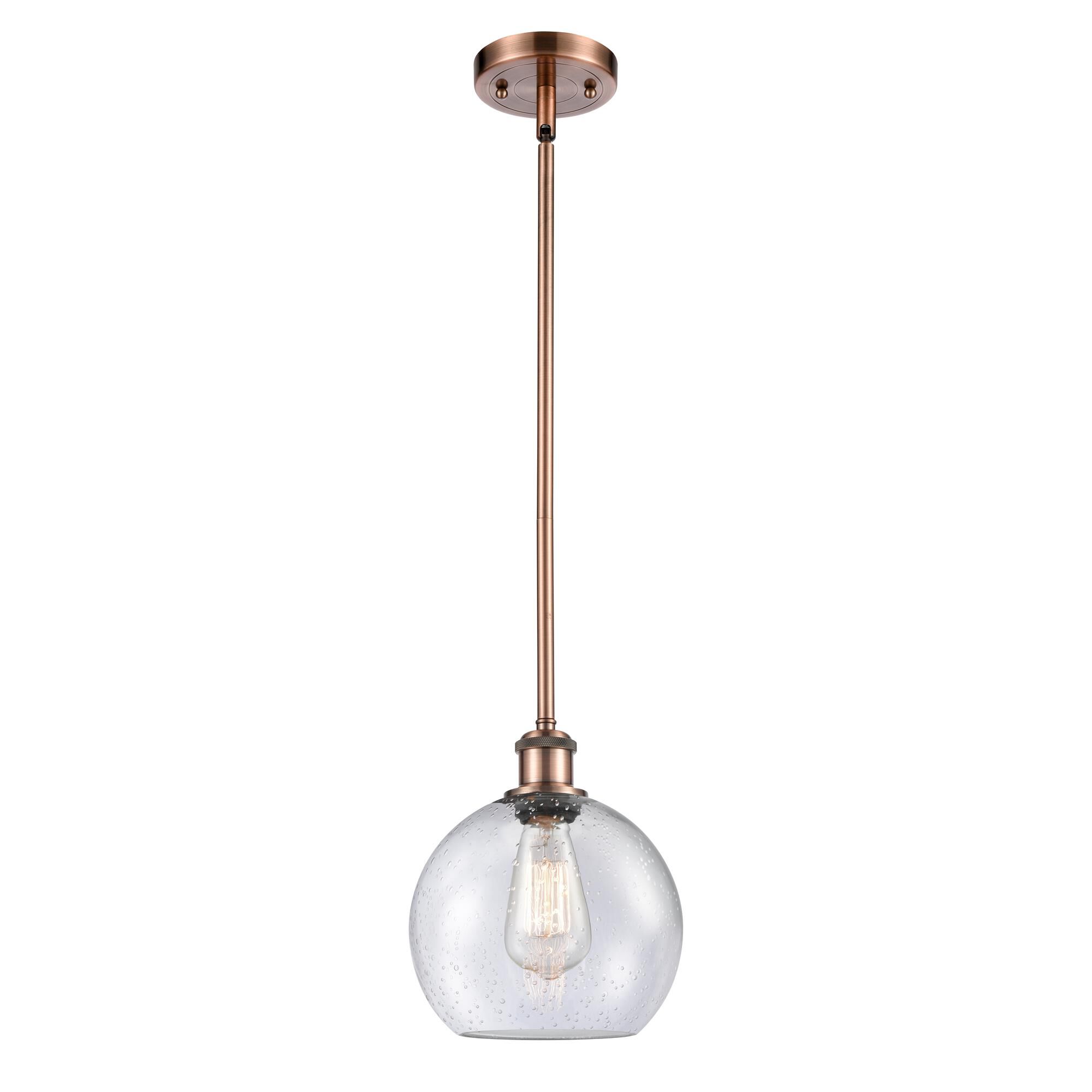 Shown in Antique Copper finish and Cased Matte White Seedy glass