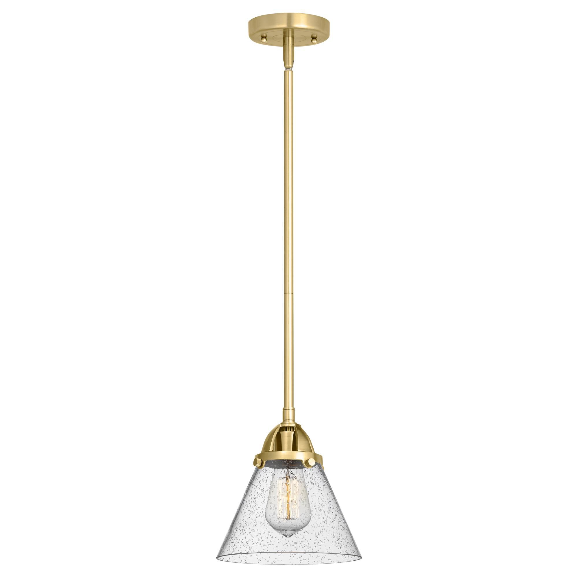 Shown in Satin Gold finish and Seedy Large Cone glass and No Shade shade