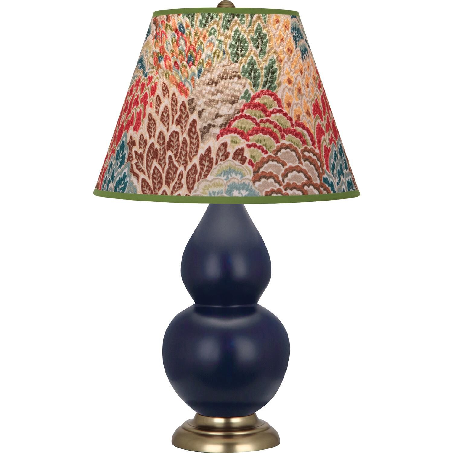Shown in Matte Midnight Blue finish and Fall Floral shade and Antique Brass accent