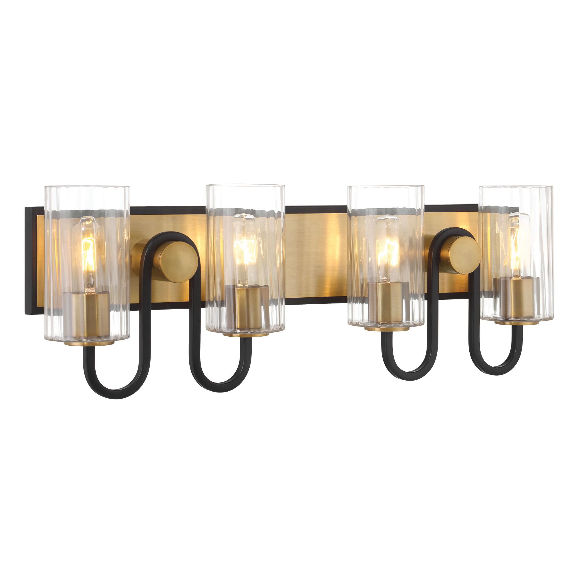 Shown in Legacy Brass & Dark Matte Blac finish and Clear glass and Ribbed Glass shade