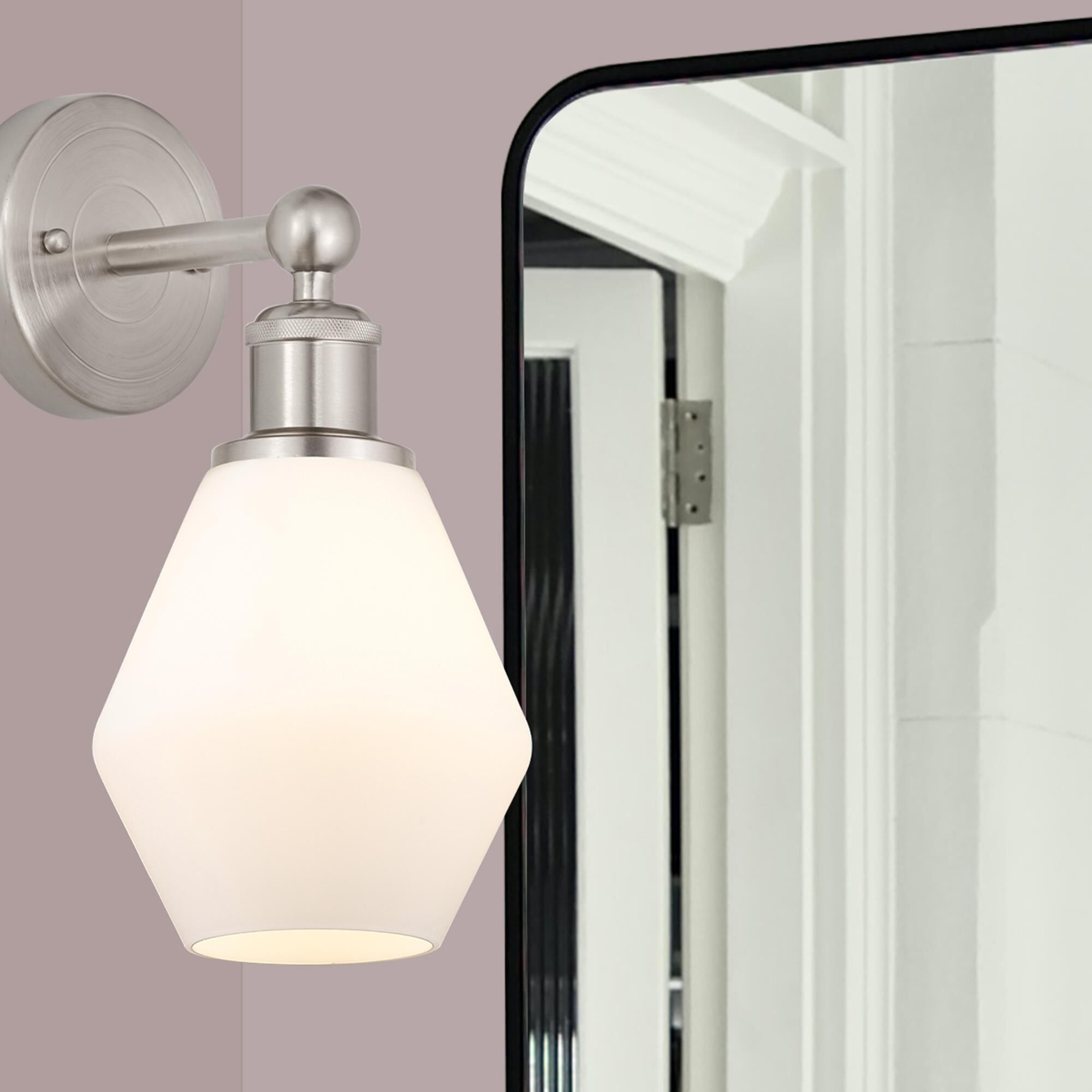 Shown in Brushed Satin Nickel  finish and Cased Matte White glass