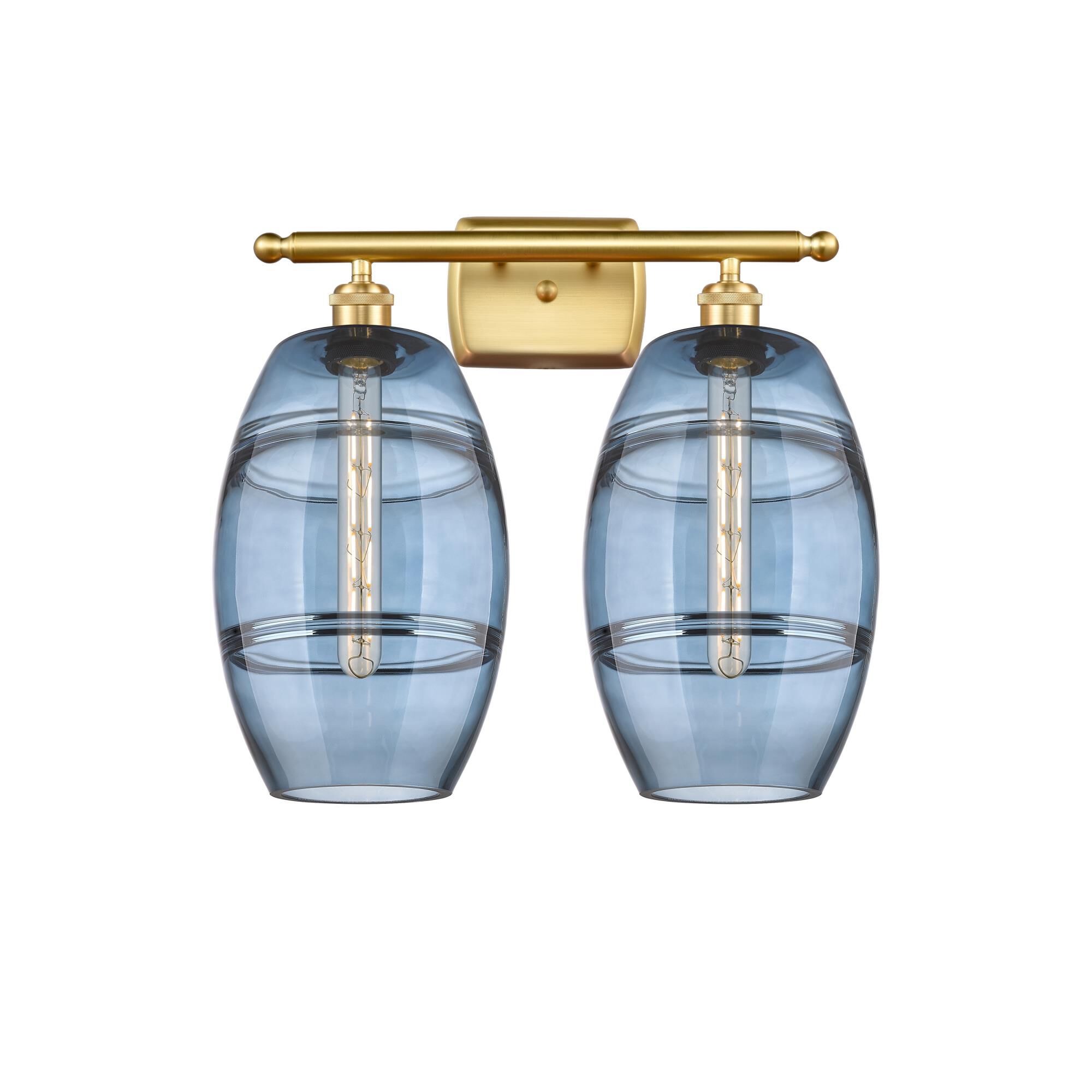 Shown in Satin Gold finish and Princess Blue glass