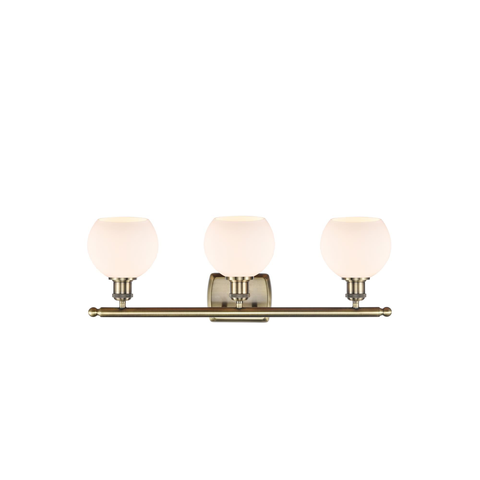 Shown in Antique Brass finish and Cased Matte White Athens glass and No Shade shade