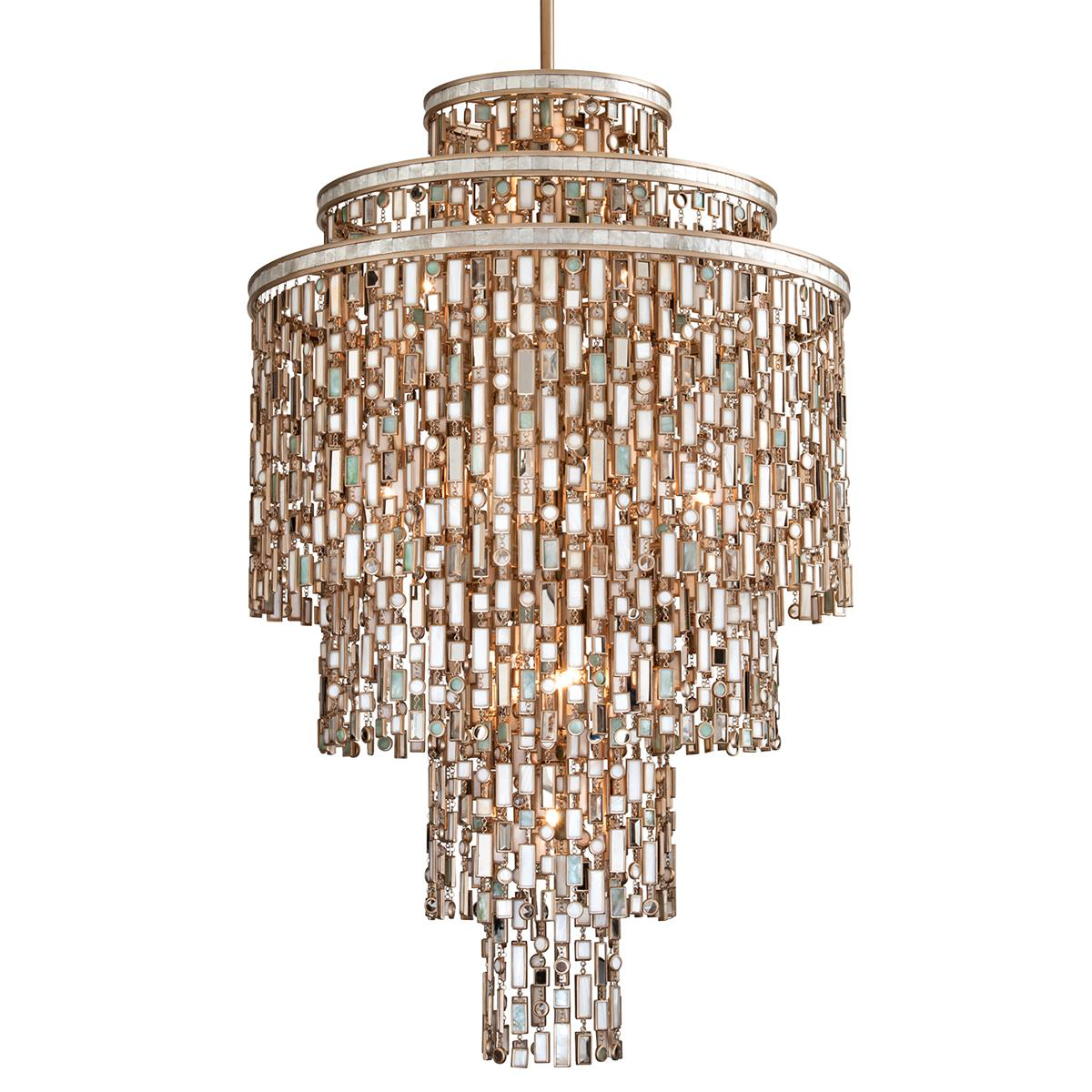 Shown in Dolcetti Silver finish and Mixed glass and Shells, Crystal, Stainless shade and Mixed Shells with Crystal and Stainless Accents accent