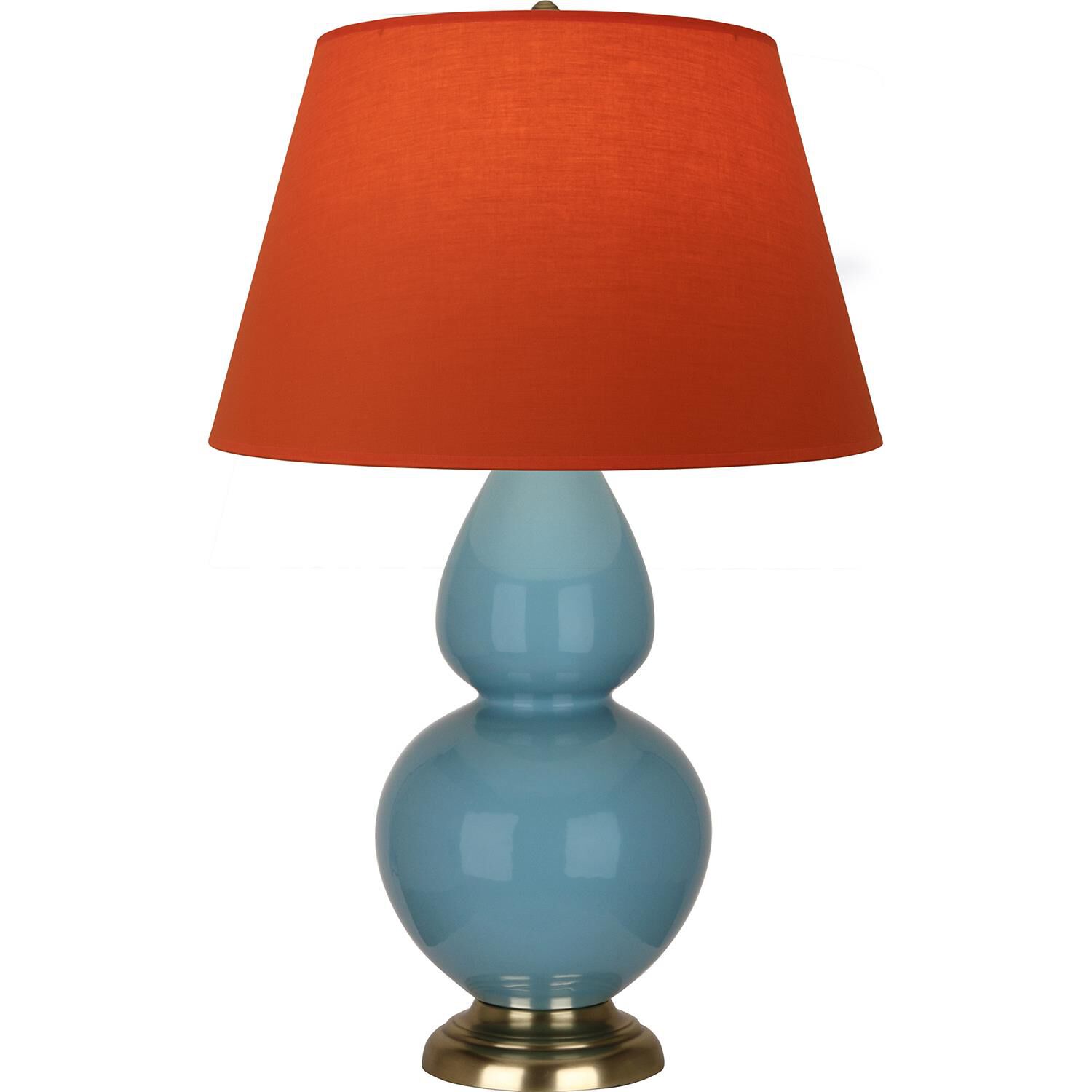 Shown in Steel Blue finish and Tangerine and Taupe Lining shade and Antique Brass accent