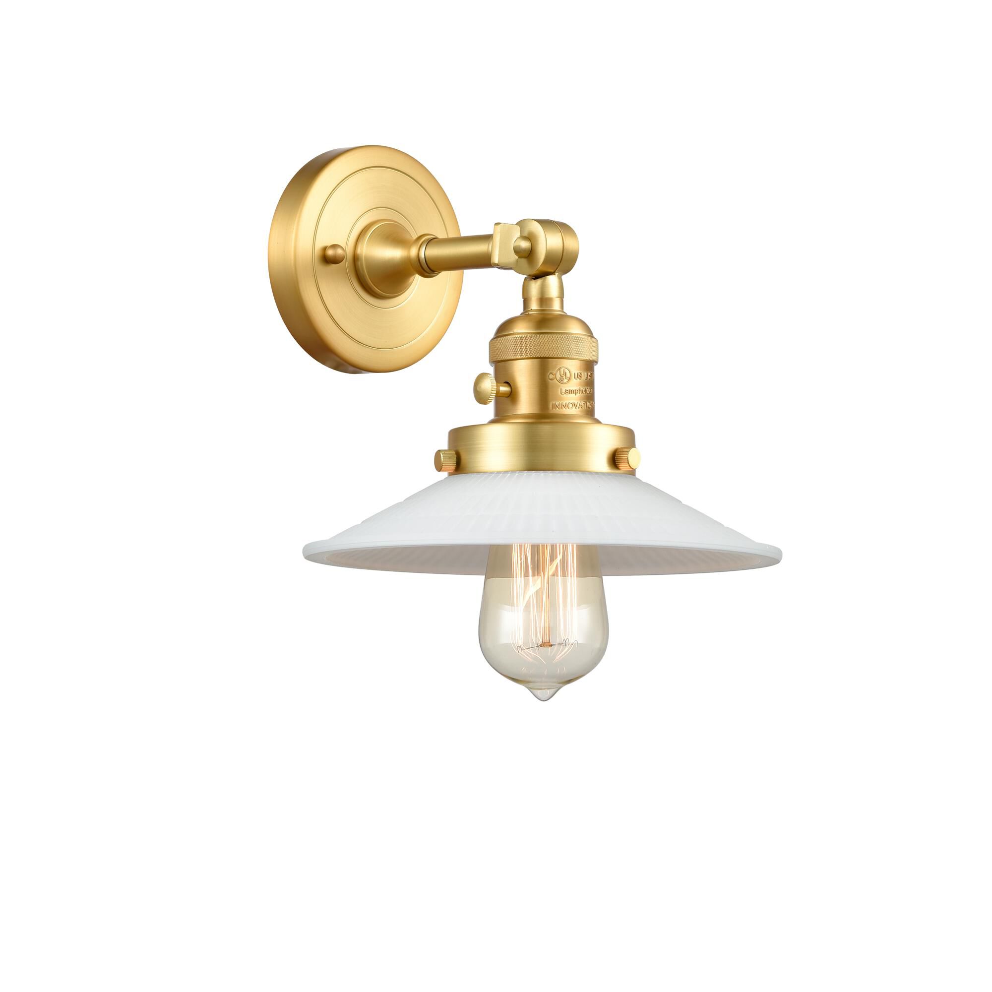 Shown in Satin Gold finish and White Halophane glass