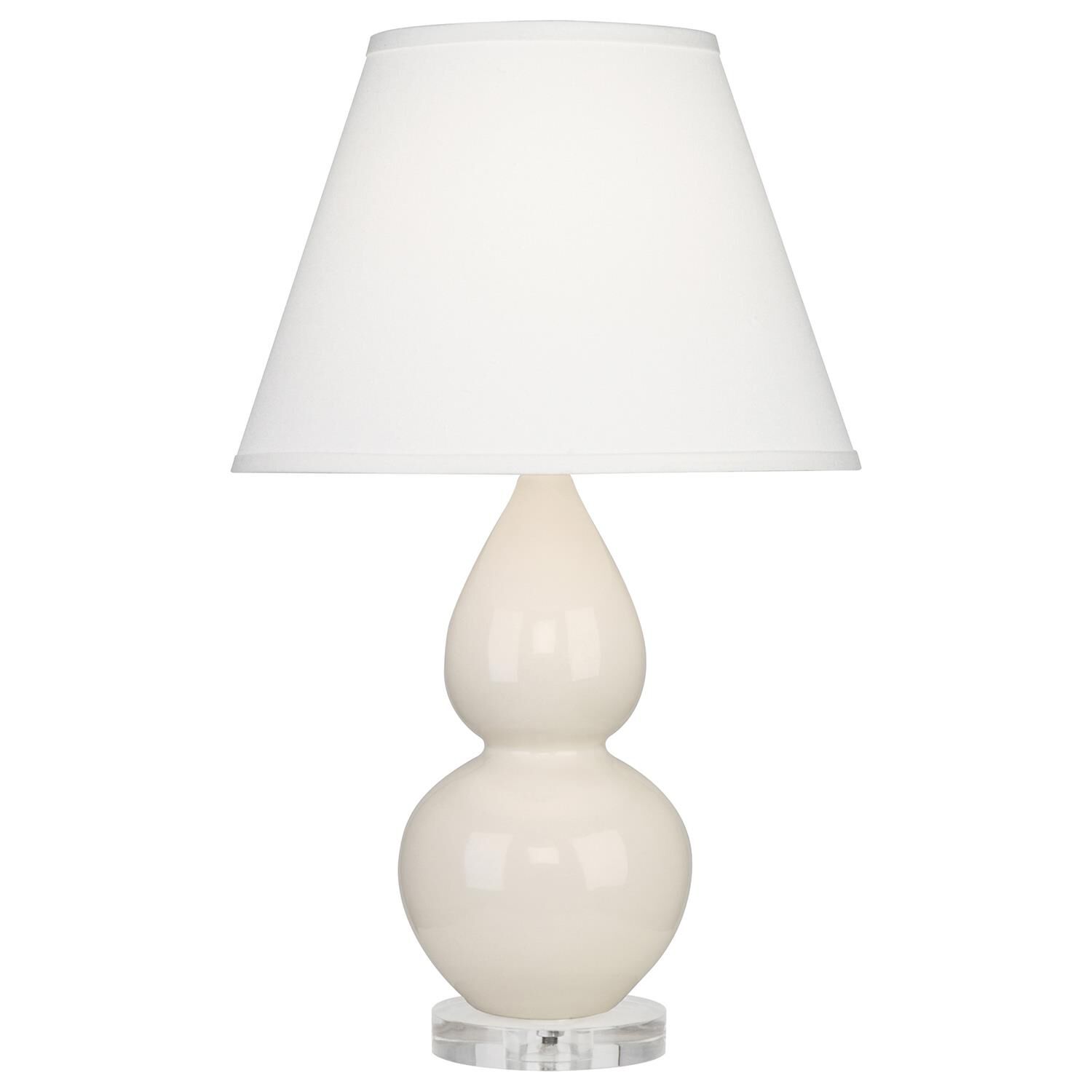 Shown in Bone Glazed Ceramic With Lucite Base finish and Pearl Dupioni Fabric shade