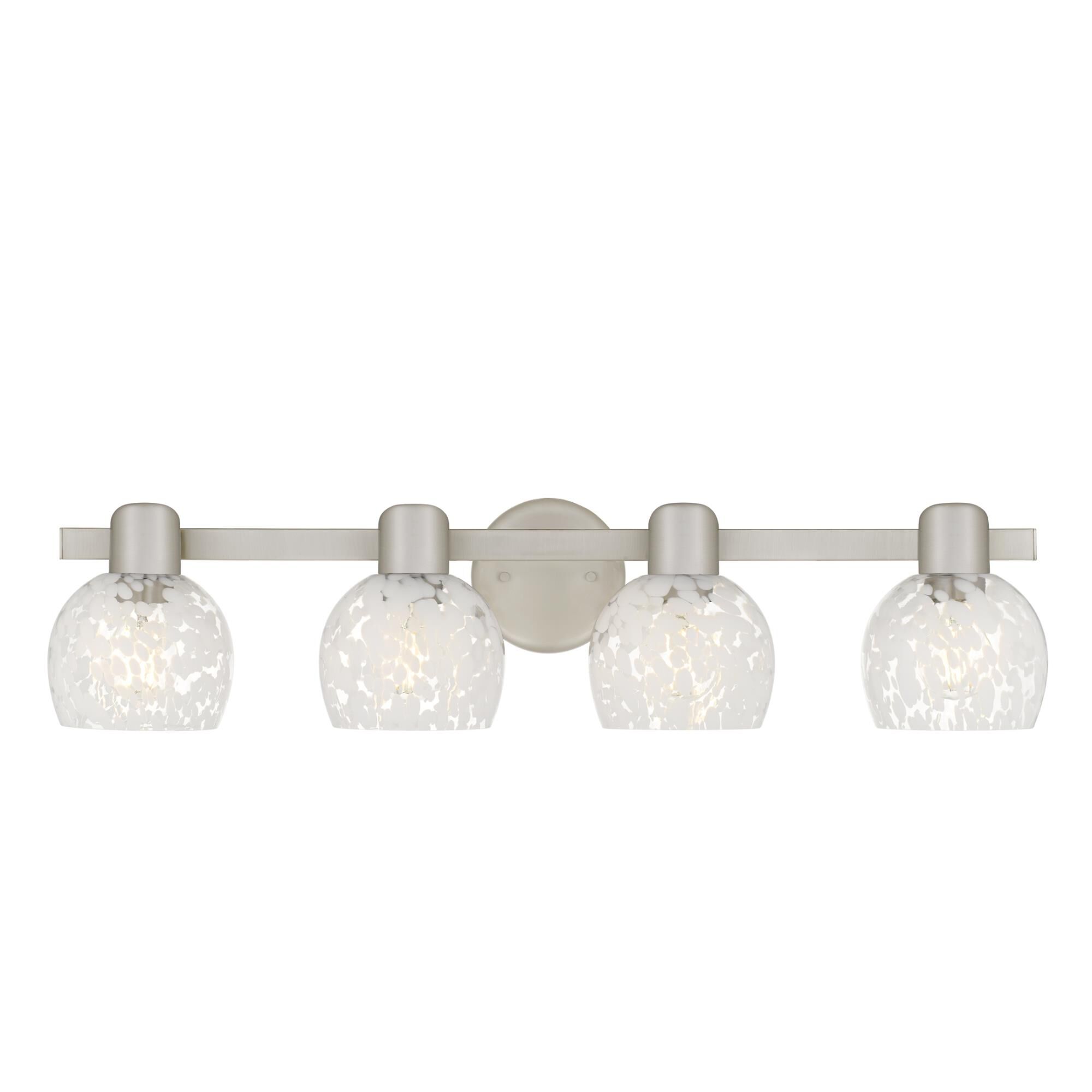 Shown in Brushed Nickel finish and White Dot Glass shade