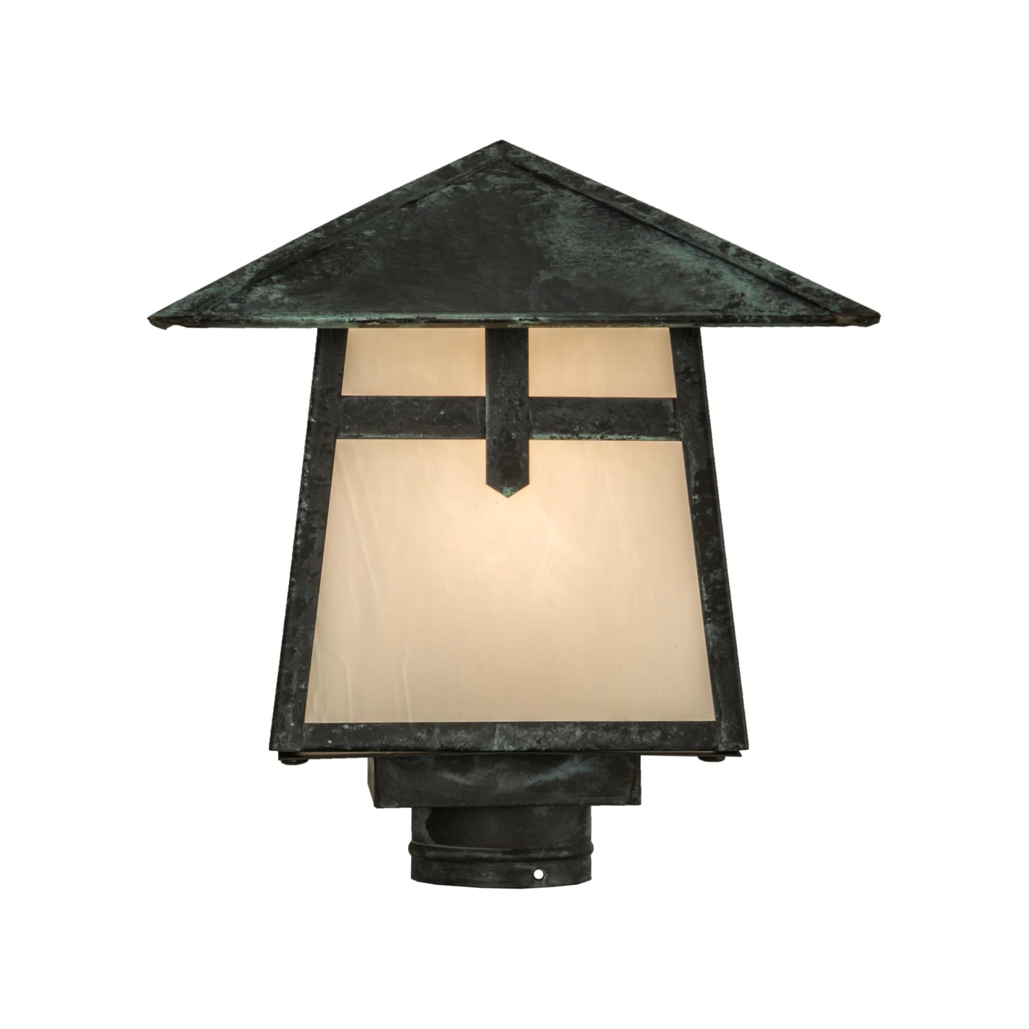 Shown in Verdigris Finish finish and White glass