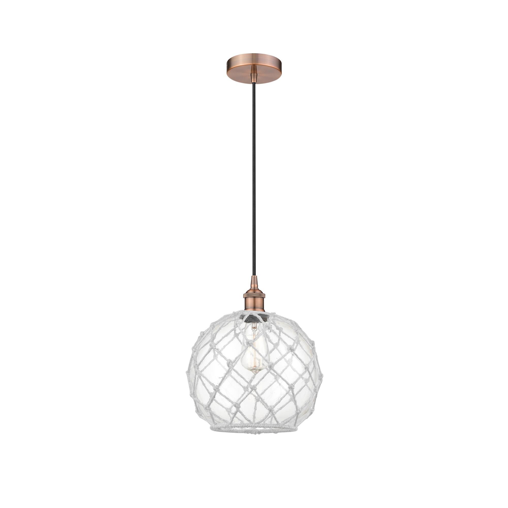 Shown in Antique Copper finish and Clear Large Farmhouse With White Rope glass and No Shade shade