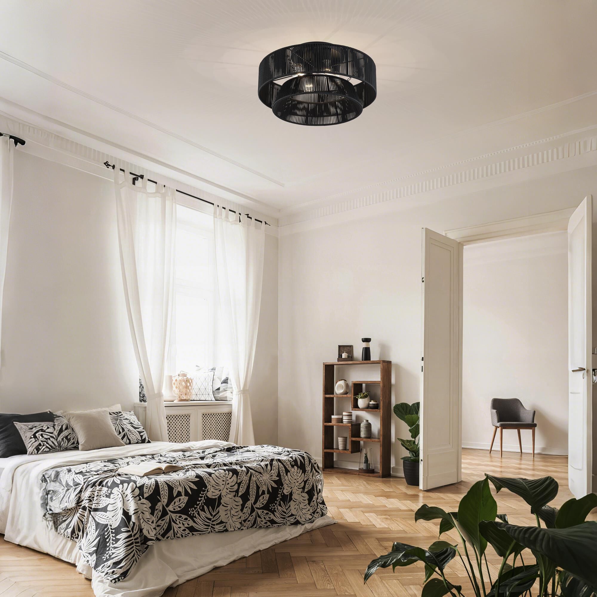 Shown in Black finish and Hand-Woven Parisian Night Color Polyester Rope shade