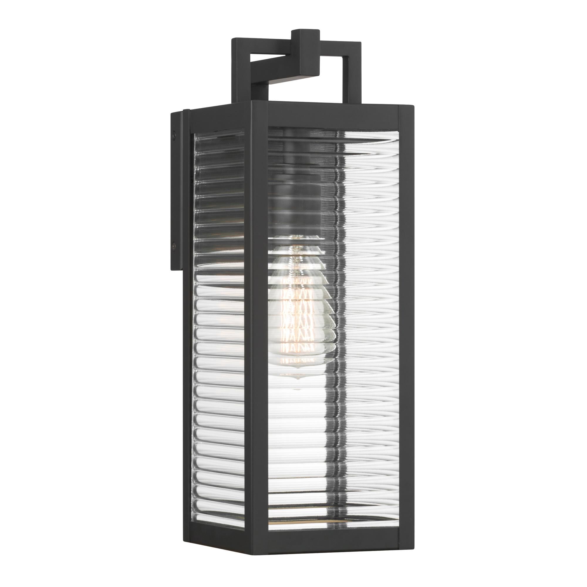 Shown in Dark Matte Black finish and Clear Ribbed glass