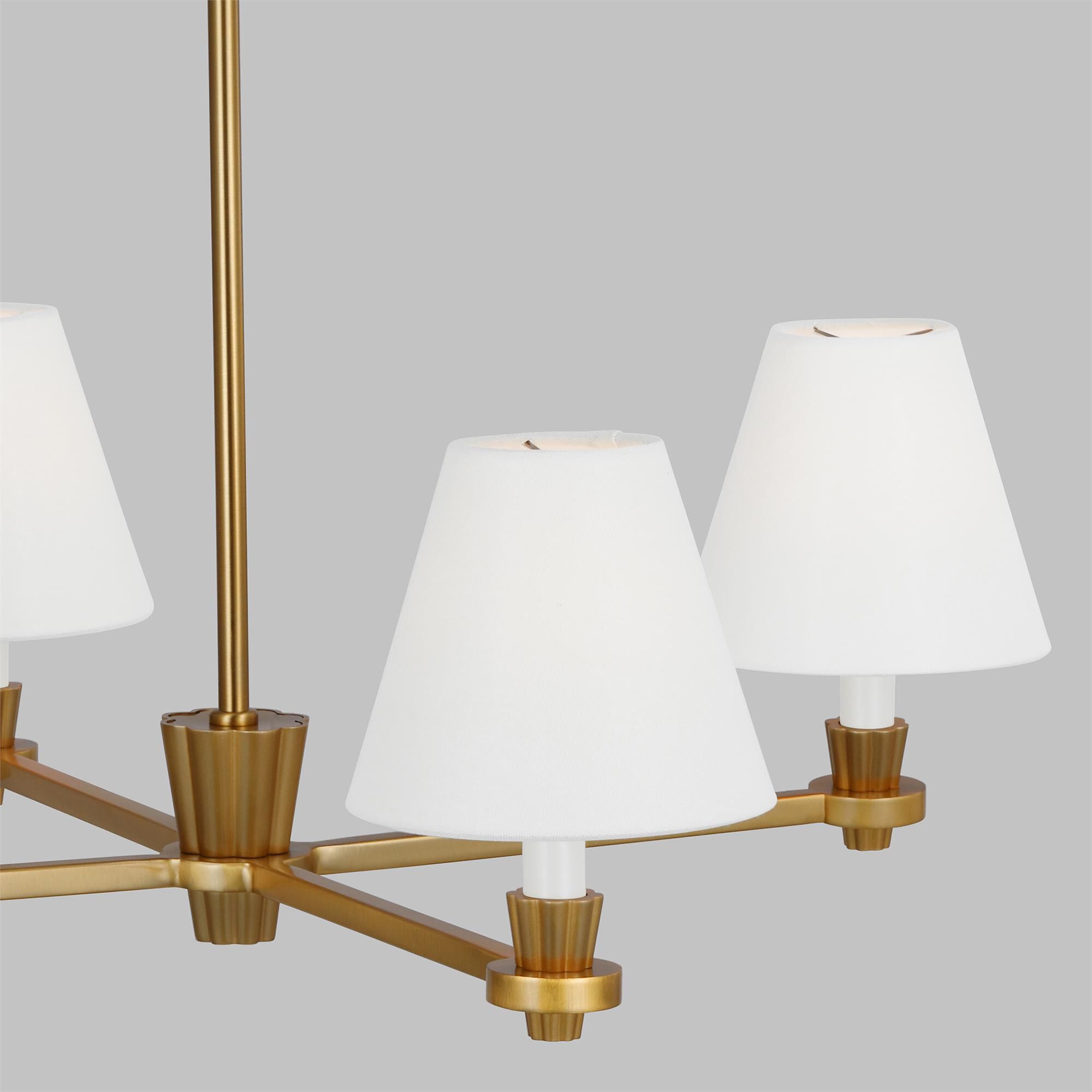 Shown in Burnished Brass finish and White Linen Fabric s shade