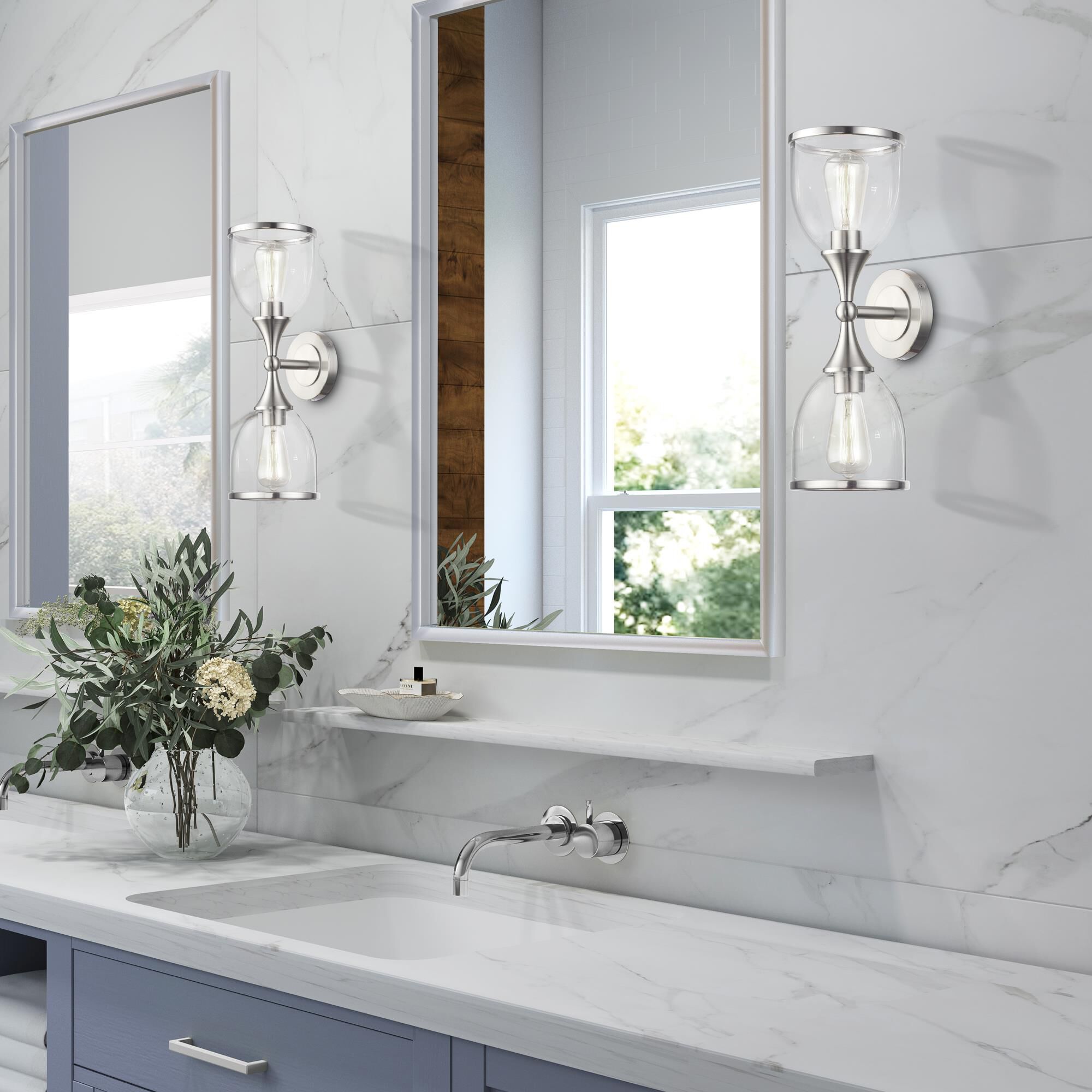 Shown in Brushed Nickel finish and Mouth Blown Clear glass