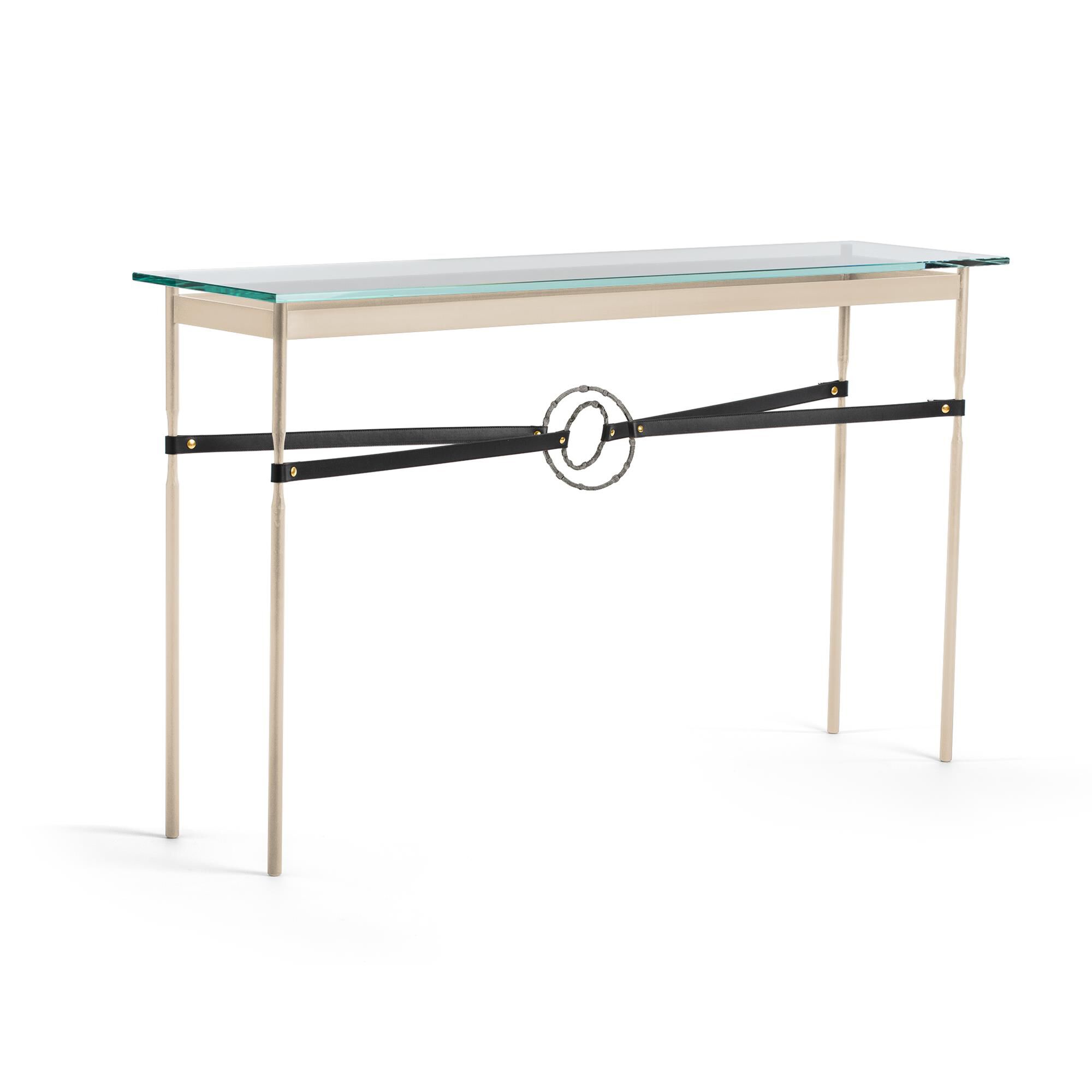 Shown in Soft Gold finish and Natural Iron with Leather Black  accent