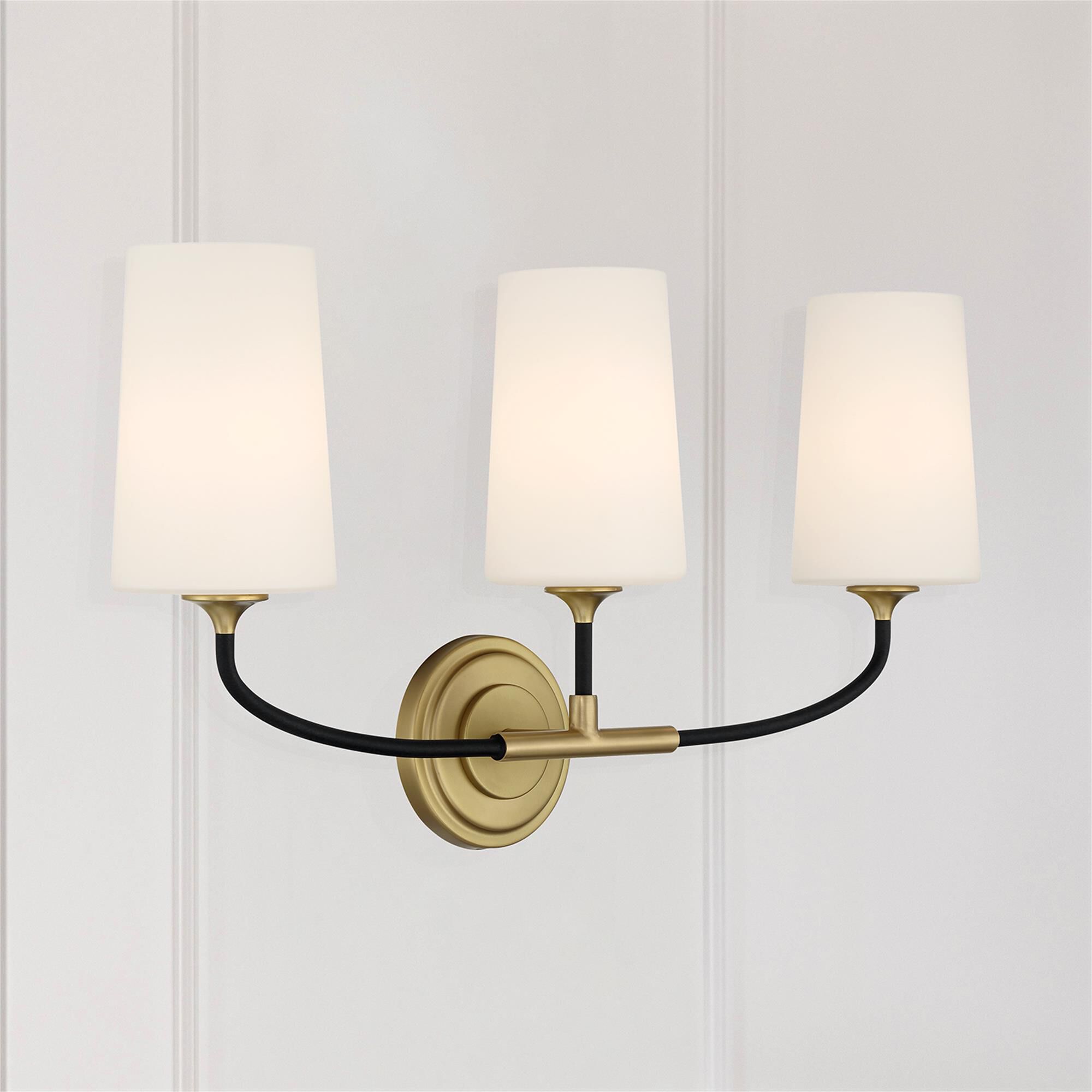 Shown in Black Forged and Modern Gold finish and White glass