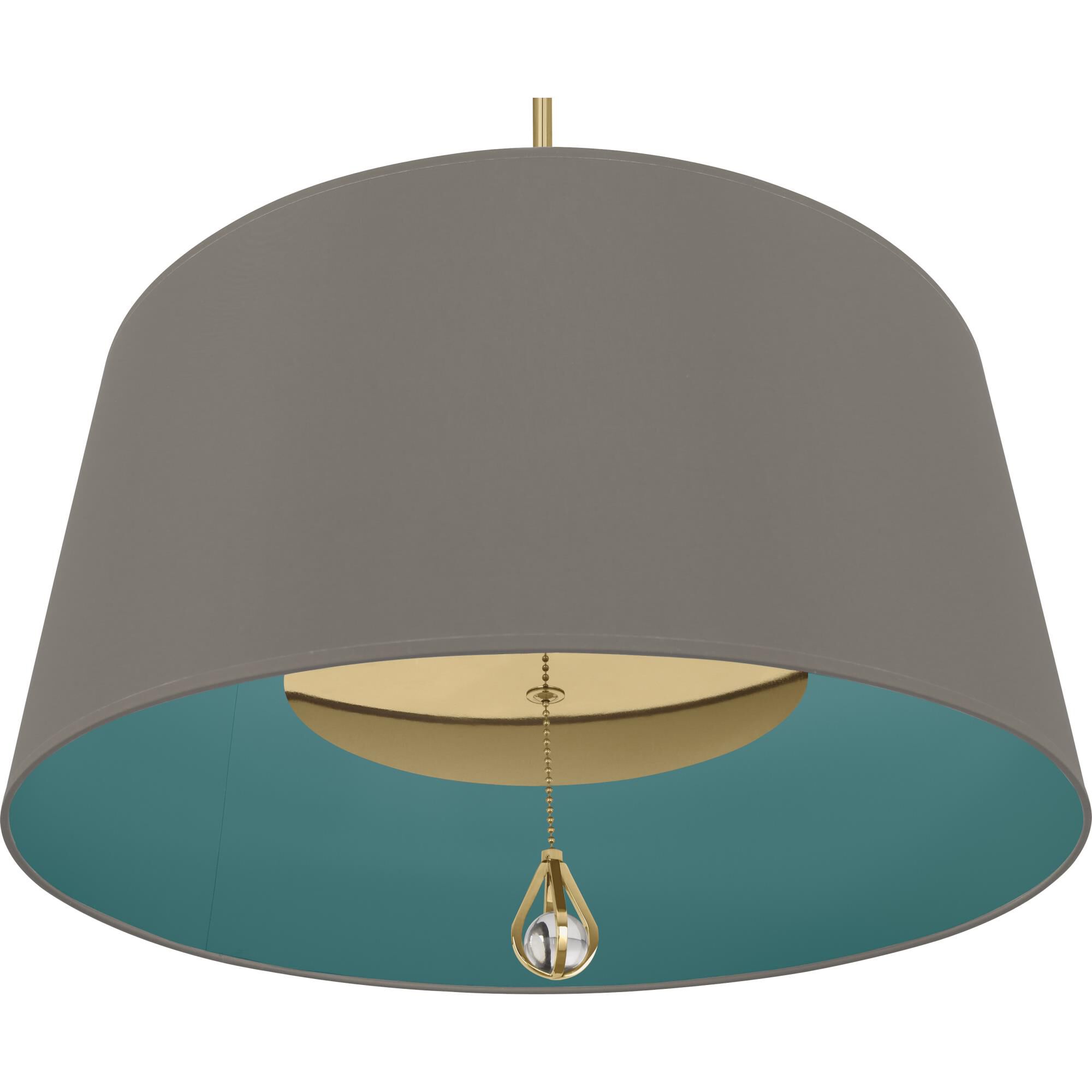 Shown in Modern Brass finish and Carter Gray Fabric With Mayo Teal Lining shade