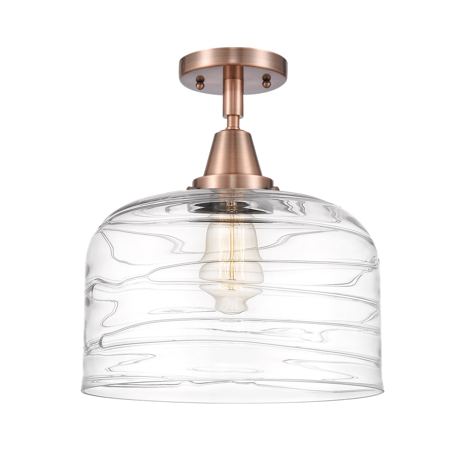 Shown in Antique Copper finish and Clear Deco Swirl X-Large Bell glass