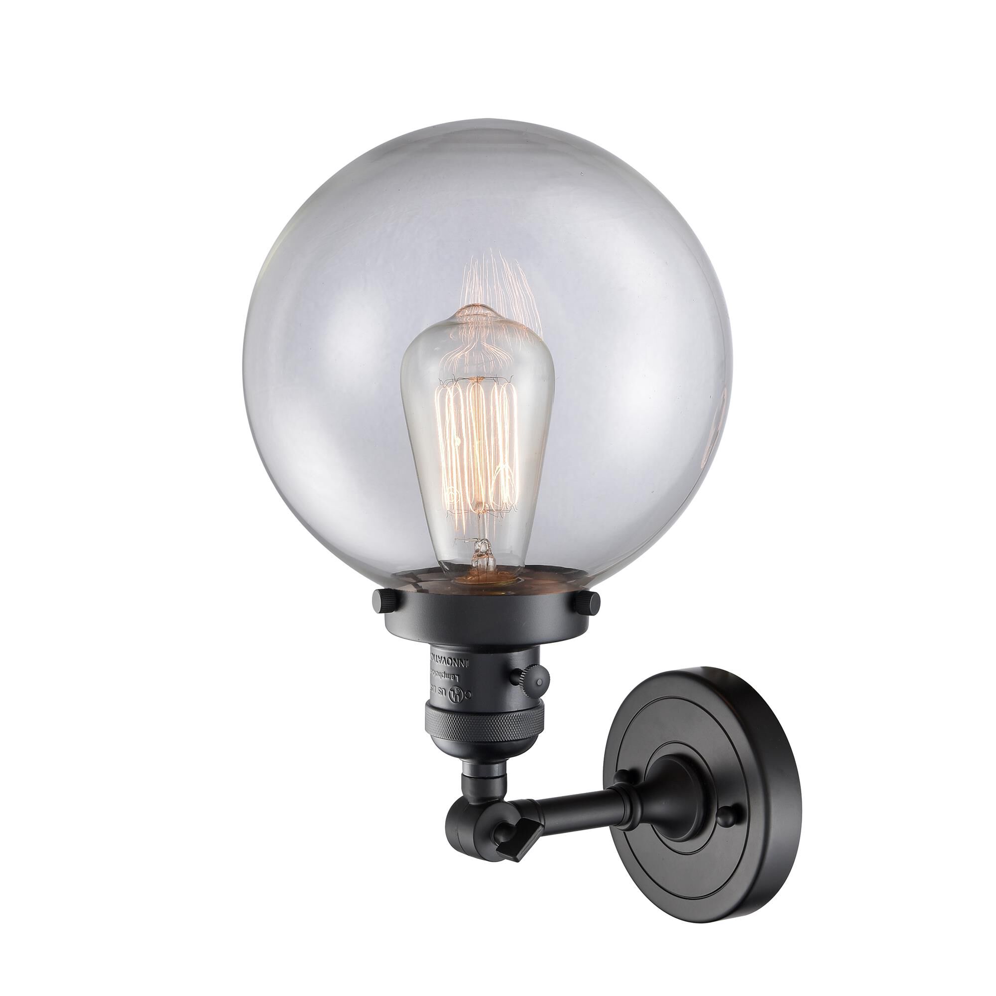 Shown in Matte Black finish and Clear glass and Switch on Socket accent