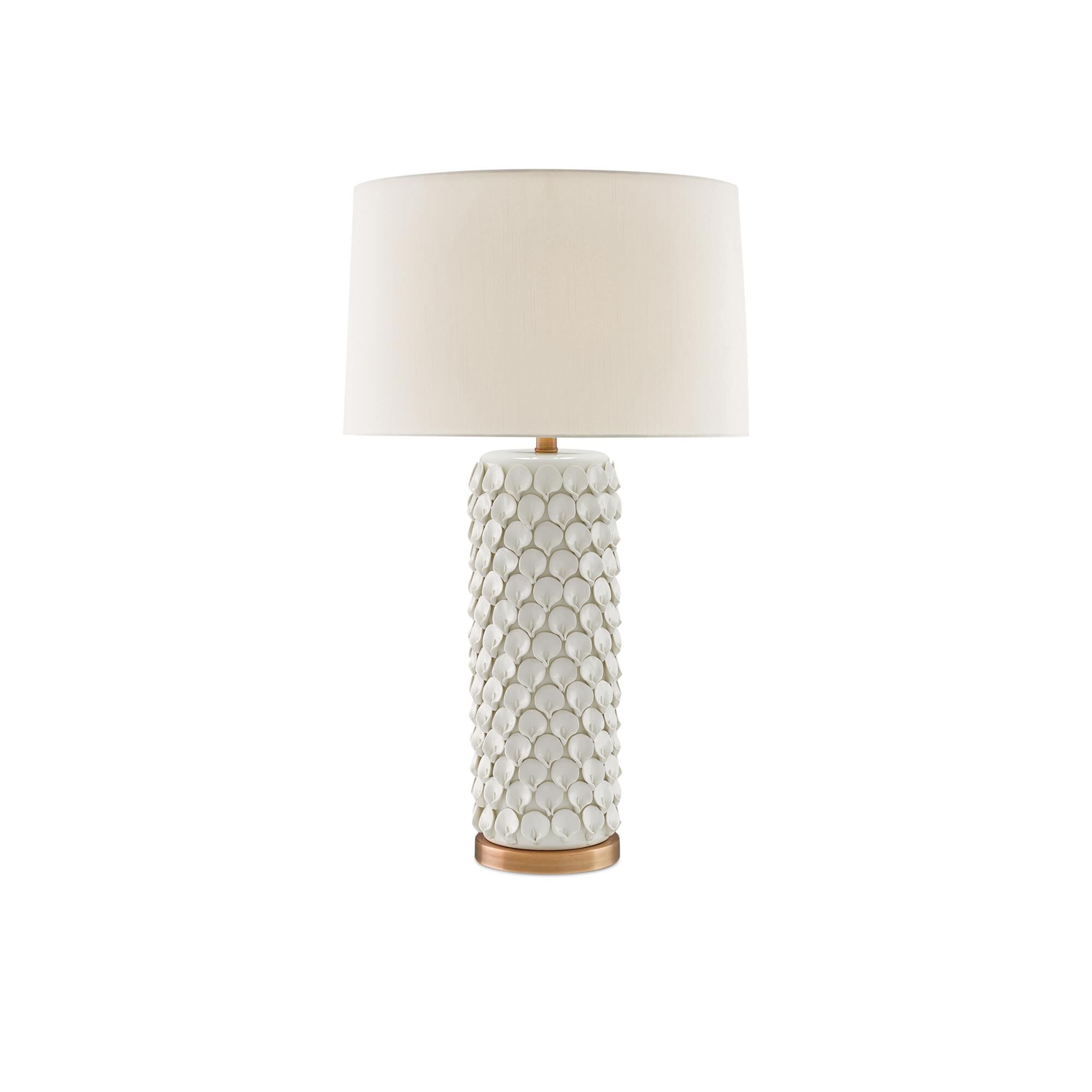 Shown in Cream-Antique Brass finish and Eggshell Shantung shade