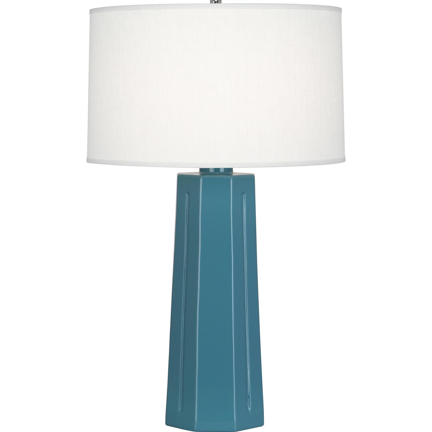 Shown in Steel Blue Glazed Ceramic finish and Oyster Linen shade