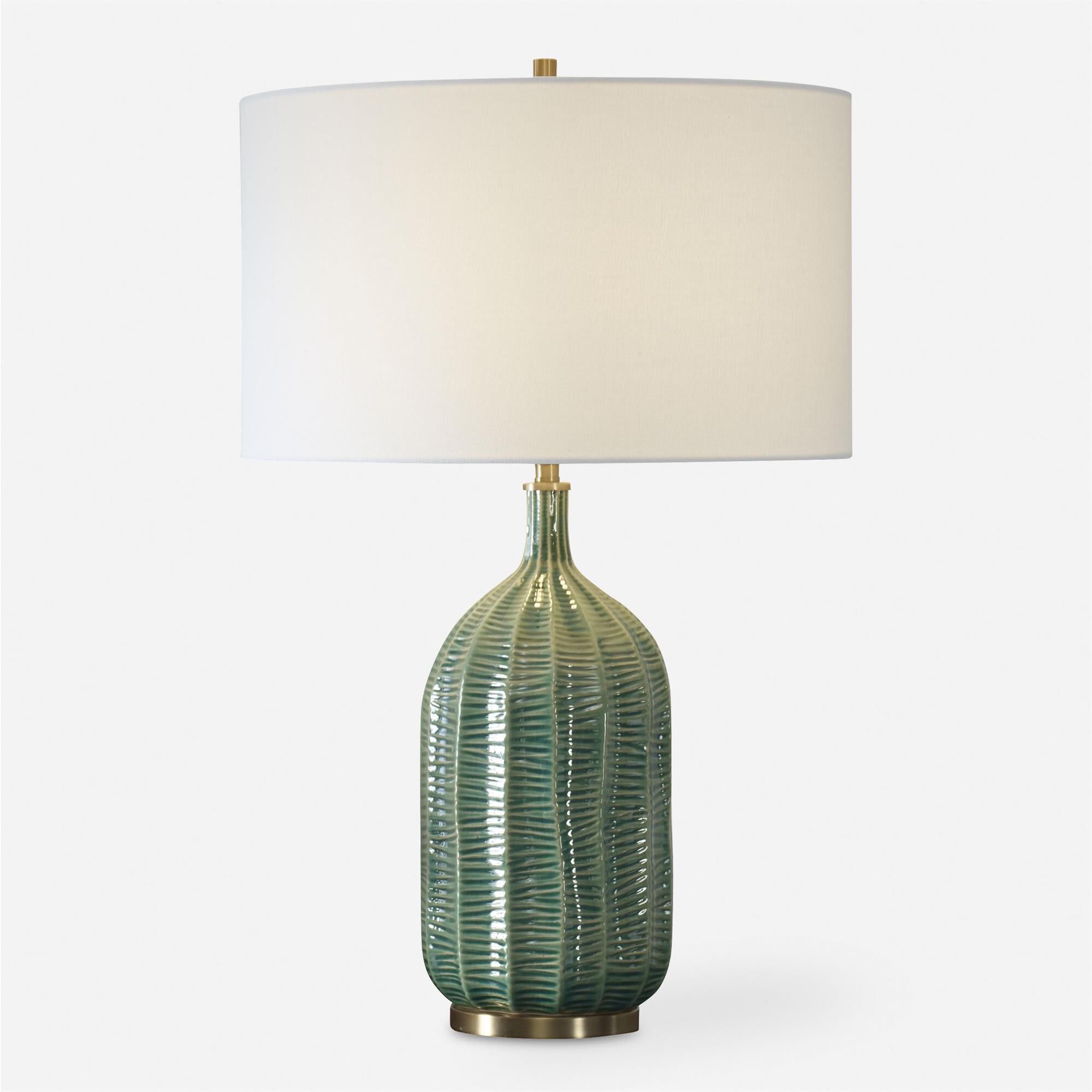 Shown in Crafted With A Ceramic Base Featuring Scalloped Channels And An Organic Striped Texture, All Bathed  finish and Drum With Liner shade
