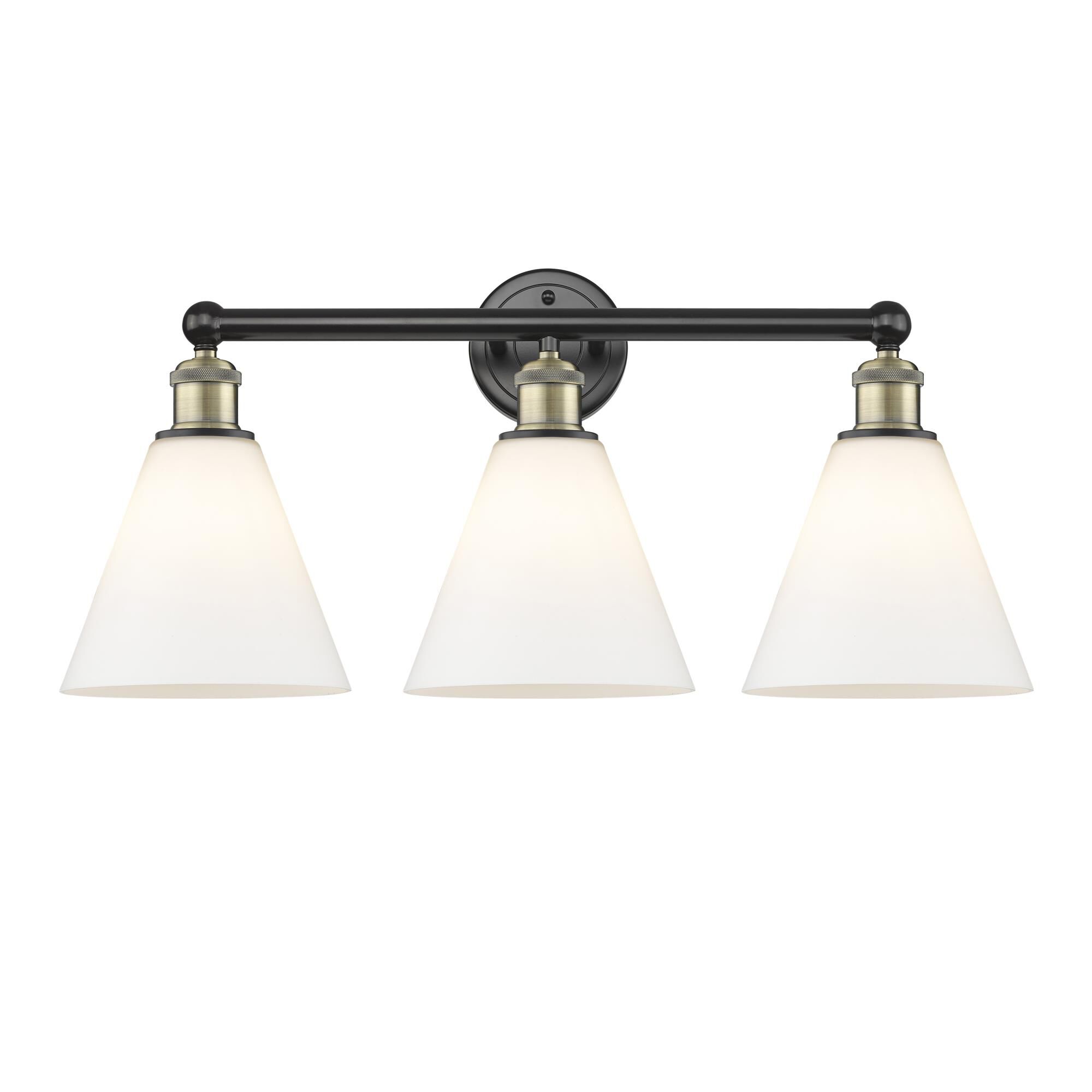 Shown in Black Antique Brass finish and Matte White glass