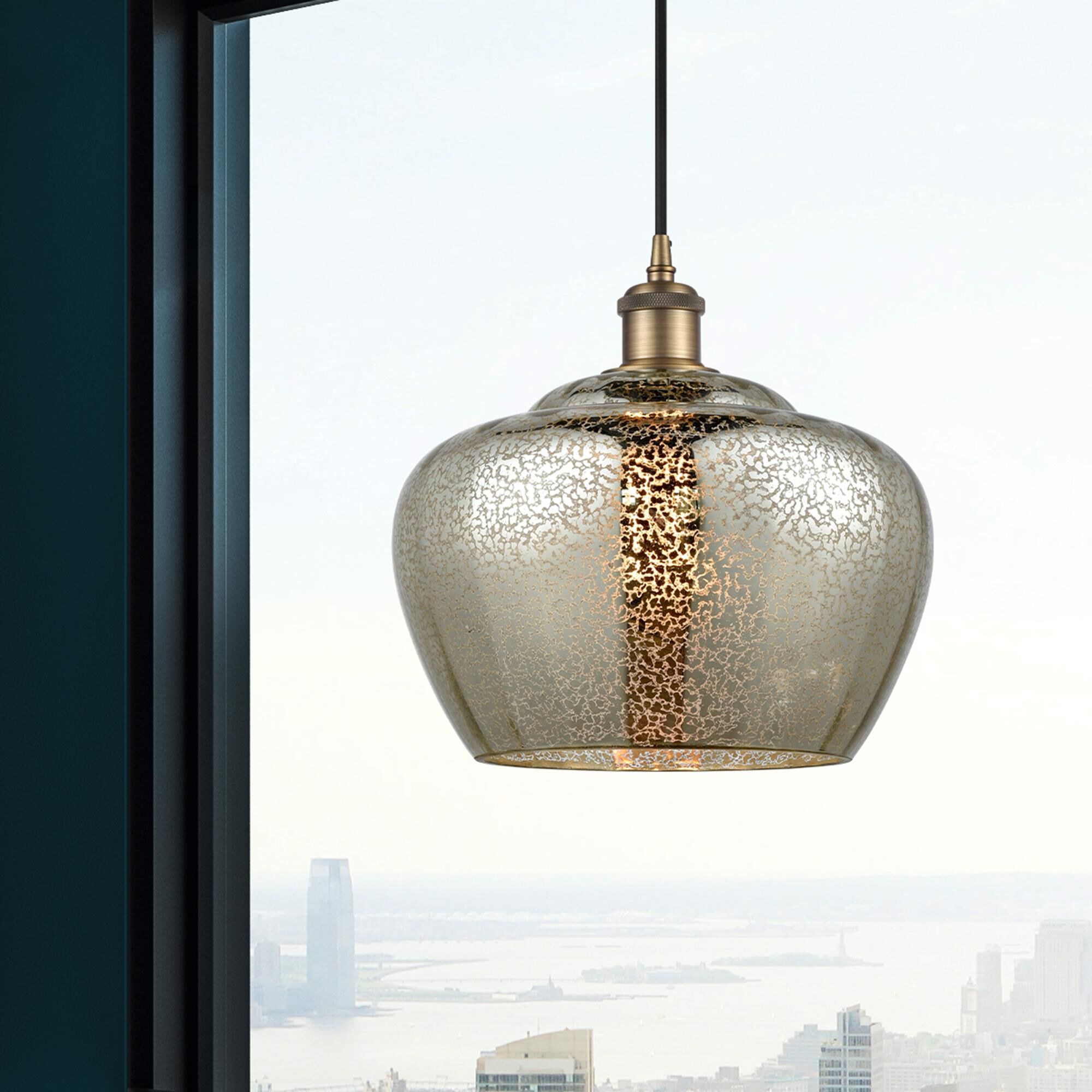 Shown in Brushed Brass finish and Large Mercury Fenton glass and Polished Chrome accent