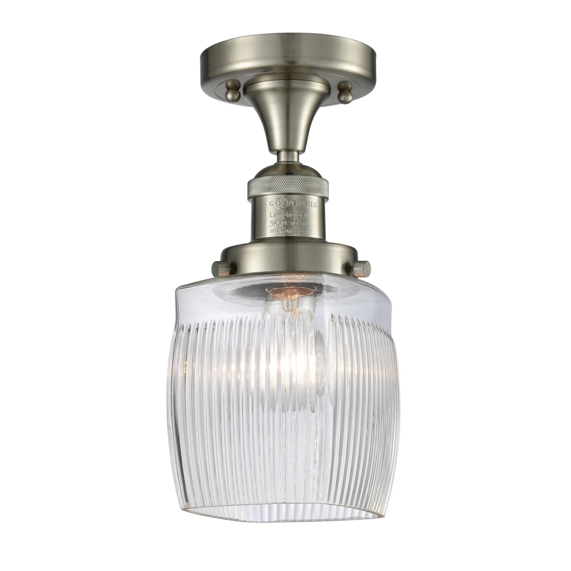 Shown in Brushed Satin Nickel finish and Clear Halophane glass