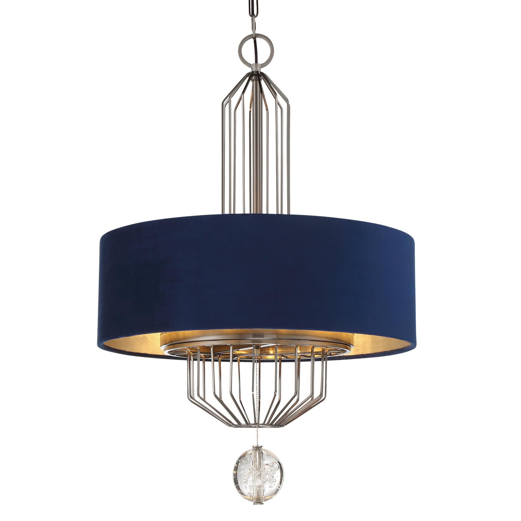 Shown in Aged Antique Nickel finish and Blue Velvet Fabric On Outside glass