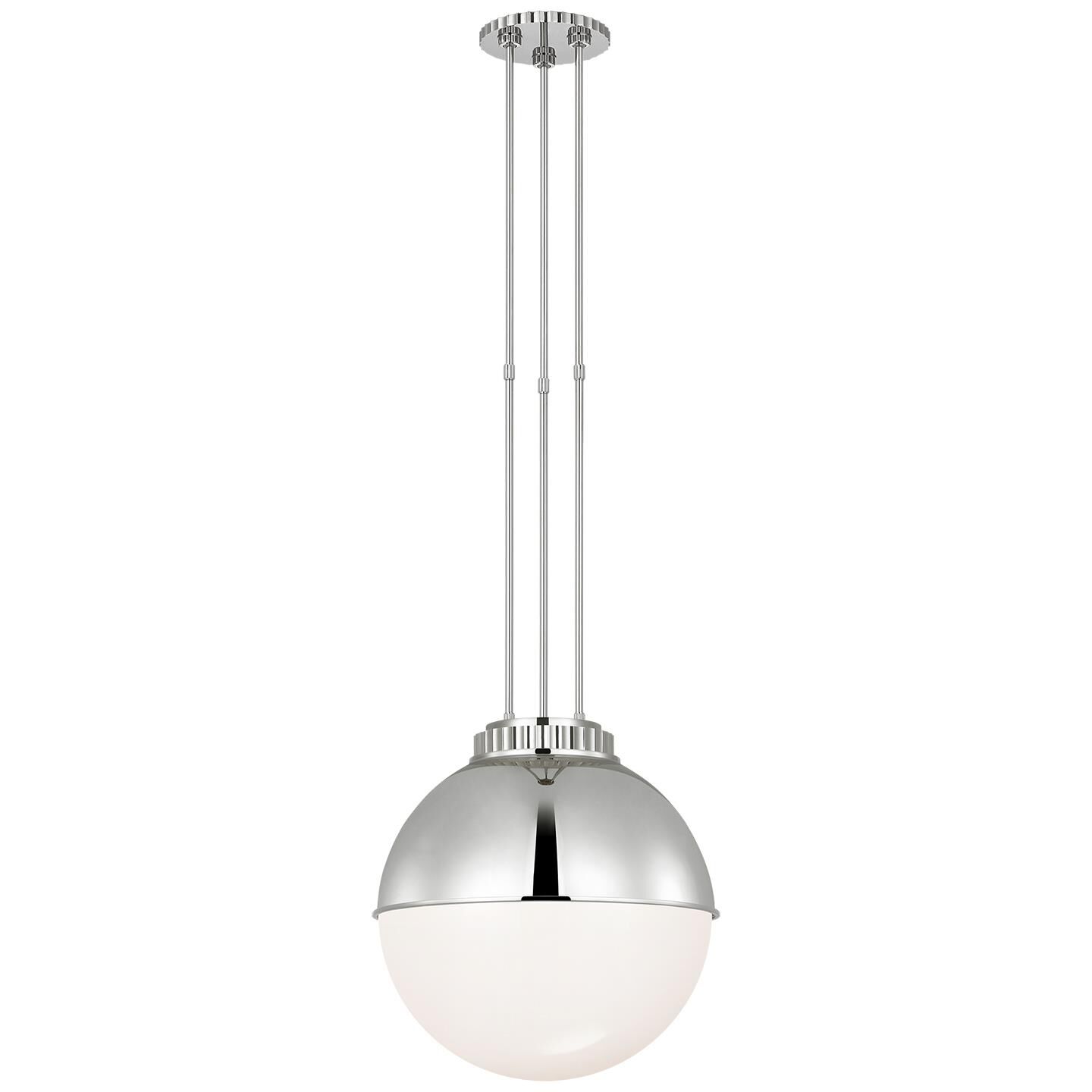 Shown in Polished Nickel finish and Polished Nickel Hood and White glass