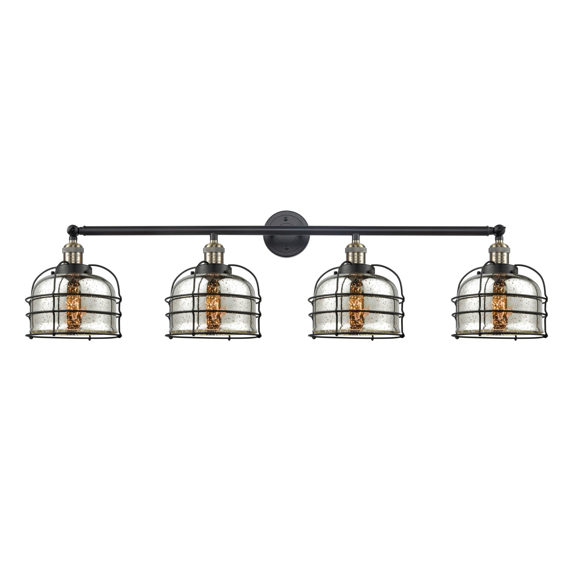 Shown in Black Antique Brass finish and Silver Plated Mercury Large Bell Cage glass and Matte Black accent