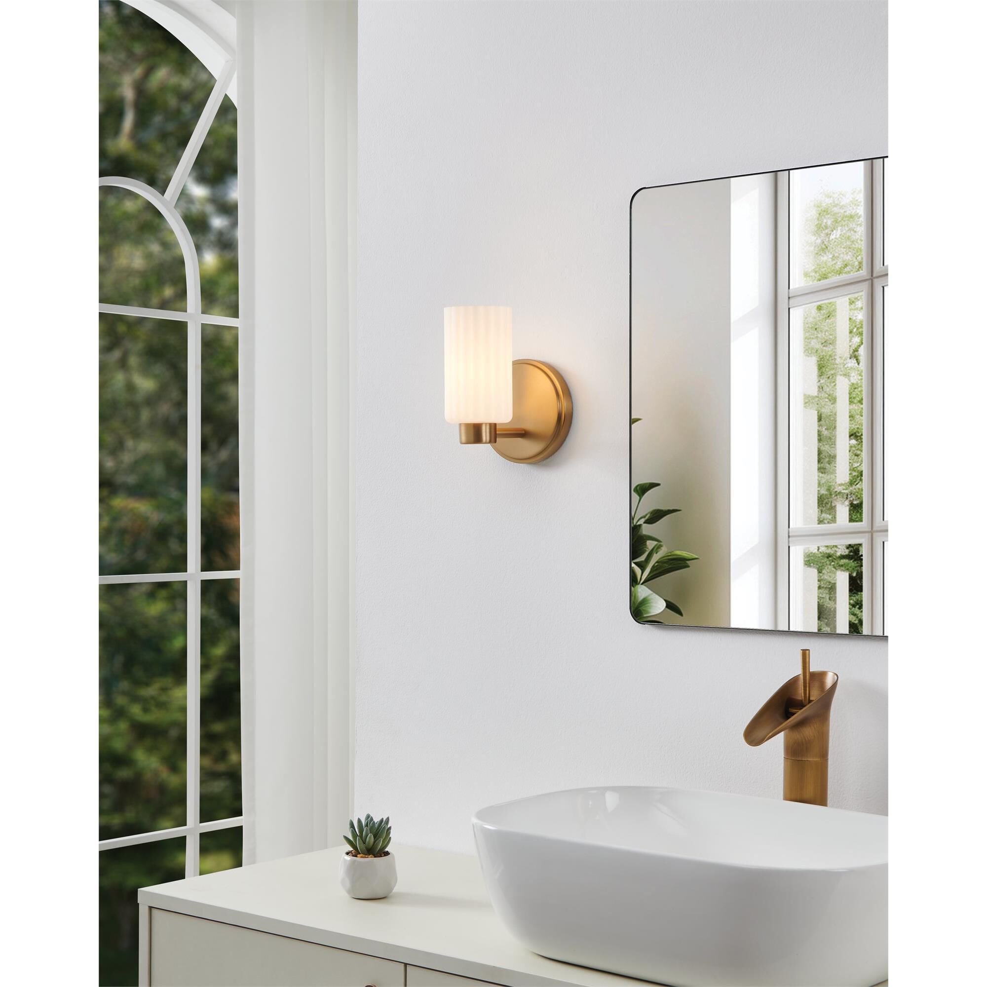 Shown in Champagne Gold finish and Etched Opal Ribbed glass