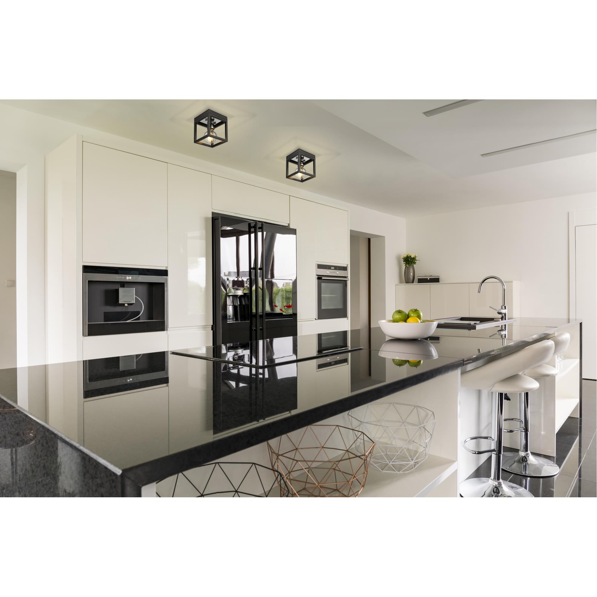 Shown in Matte Black + Chrome finish and --- glass and --- shade