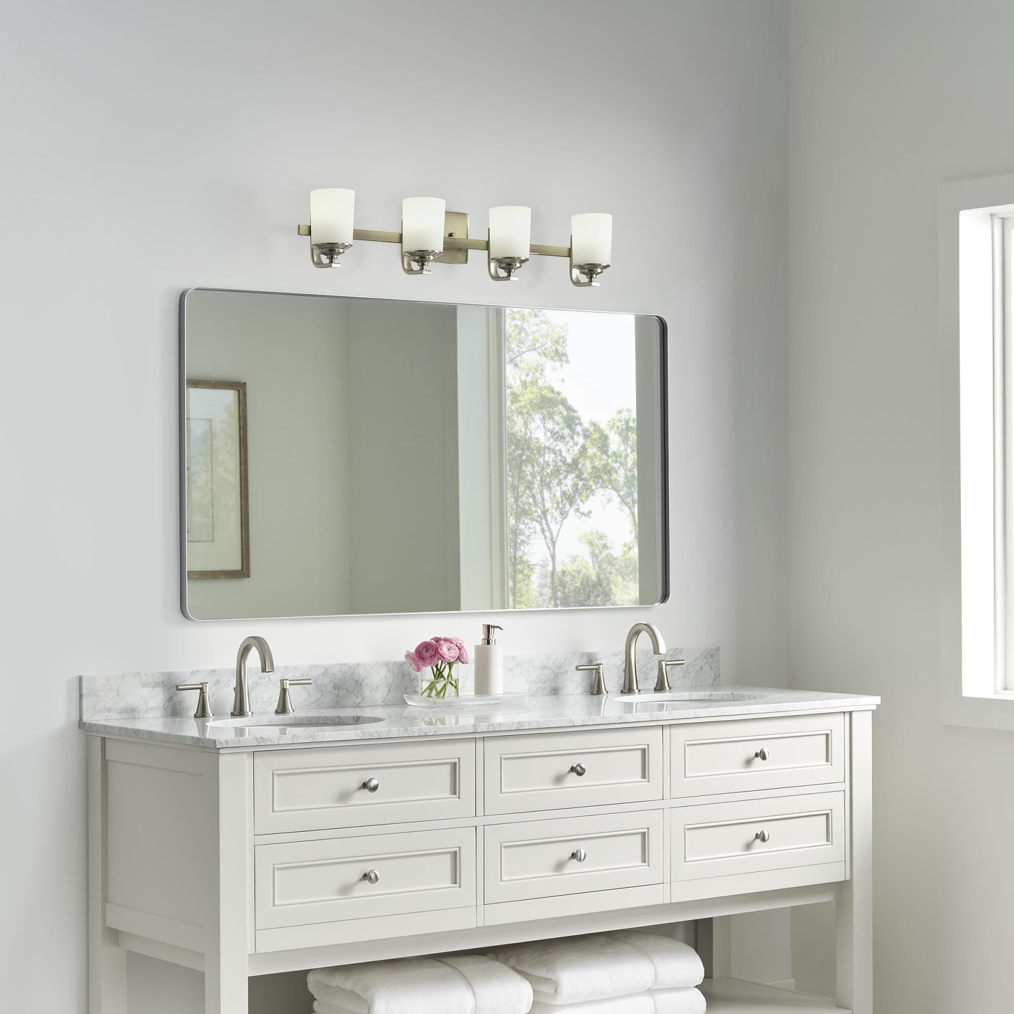 Shown in Brushed Nickel finish and Etched / White Inside glass