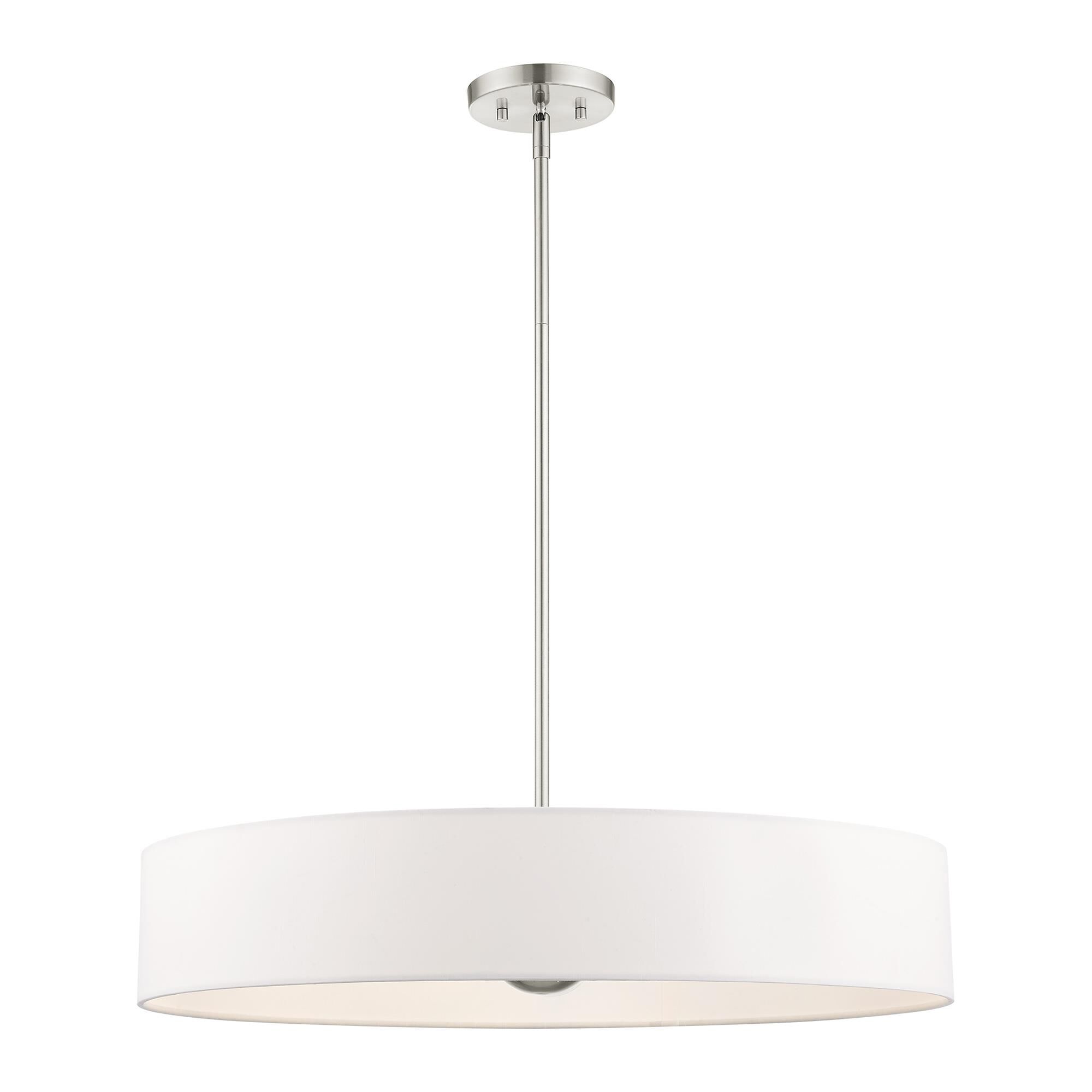 Shown in Brushed Nickel finish and Hand Crafted Off White Fabric Hardback Shade glass and Hand Crafted Off White Fabric Hardback shade