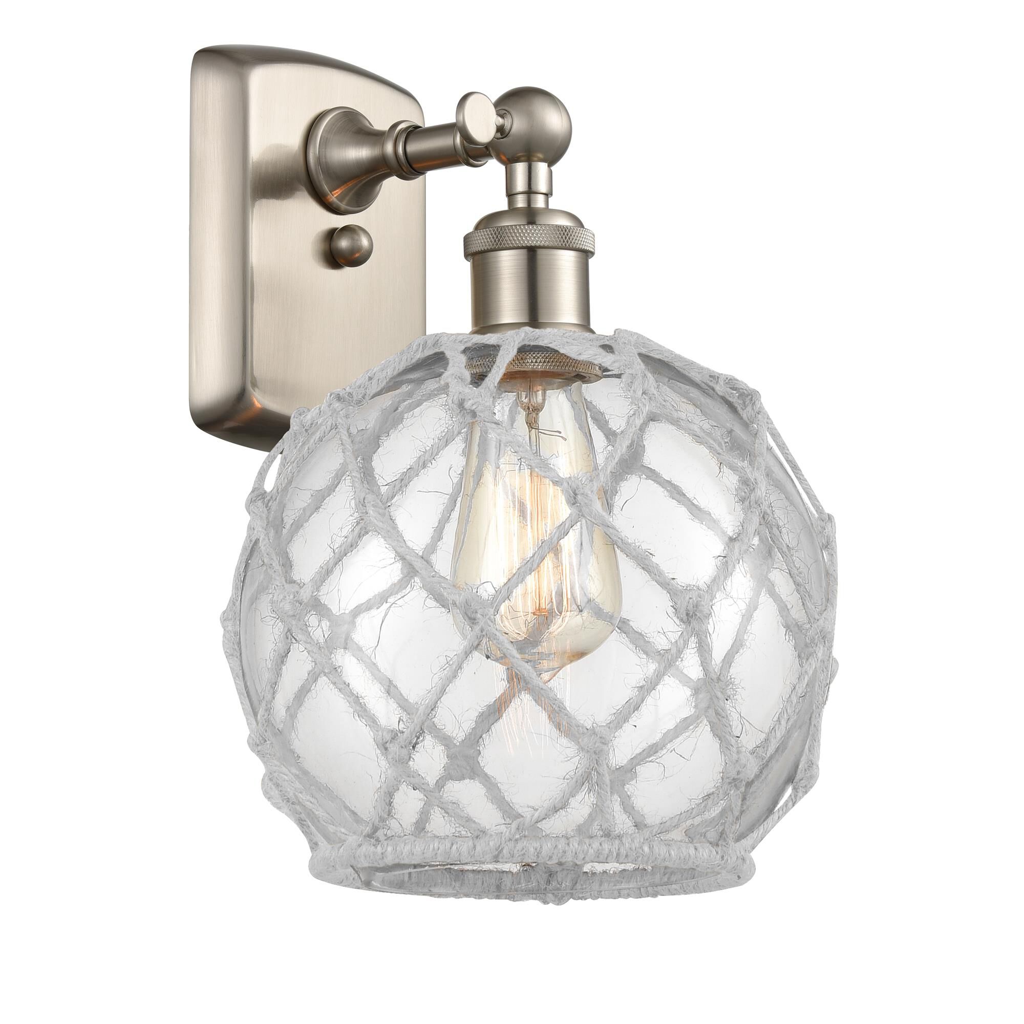 Shown in Brushed Satin Nickel finish and Clear With White Rope glass