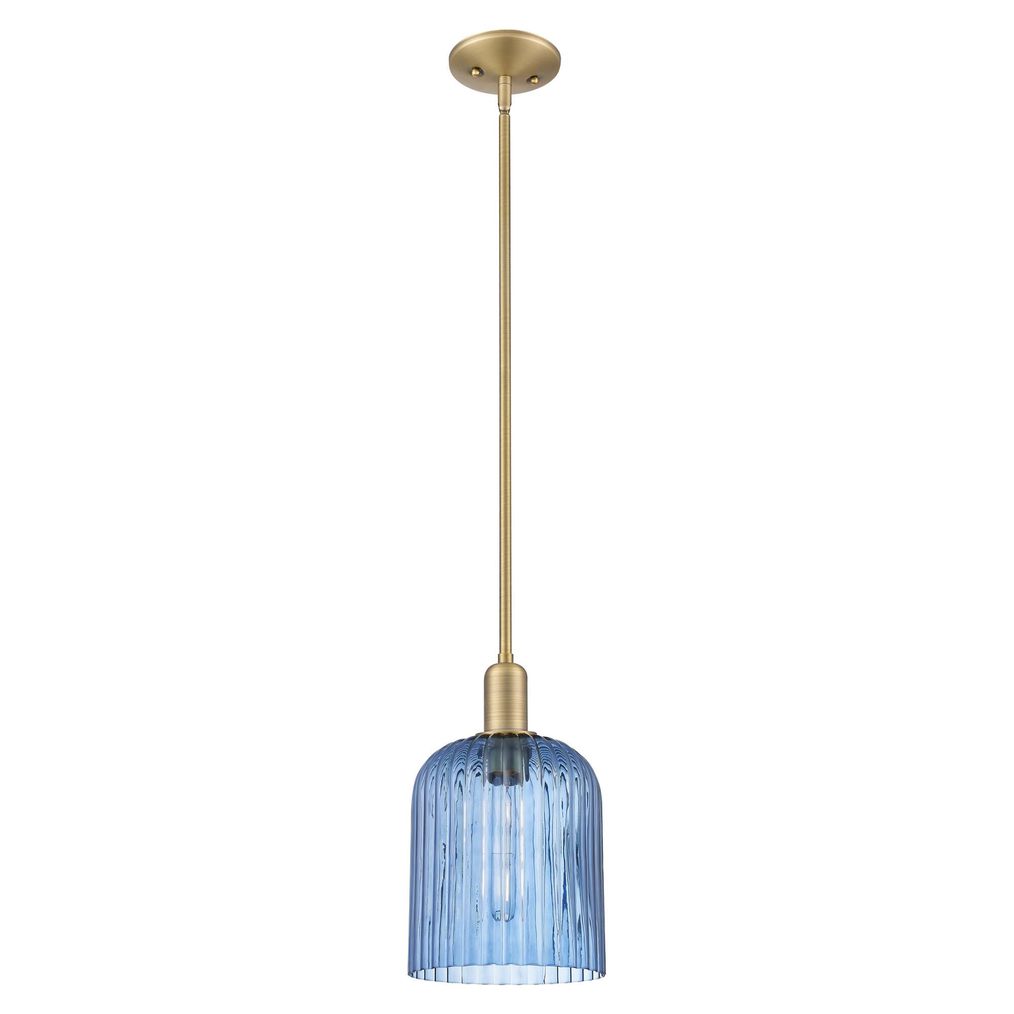 Shown in Brushed Brass finish and Blue glass