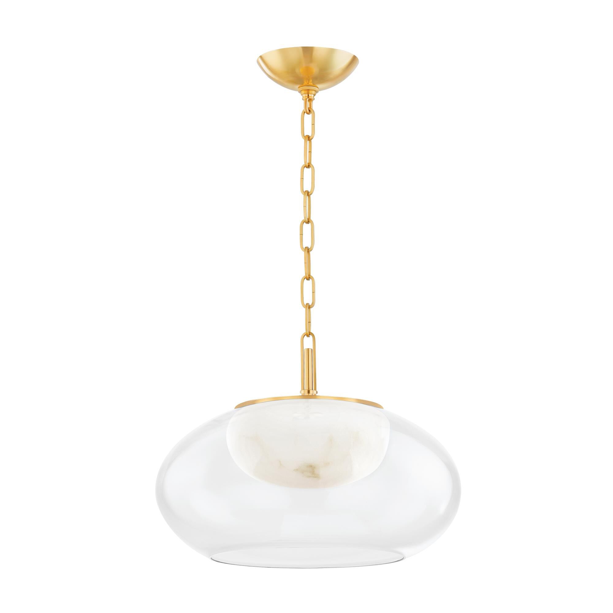 Shown in Aged Brass finish and White Alabaster glass