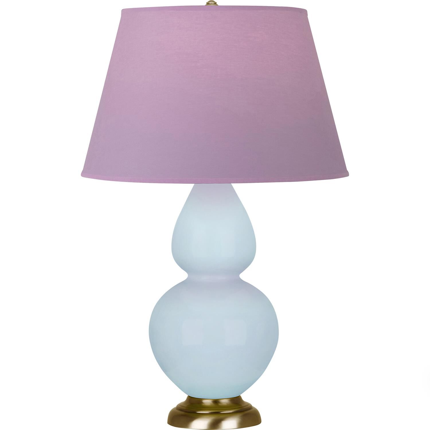 Shown in Baby Blue finish and Lavender and Plum shade and Antique Natural Brass accent