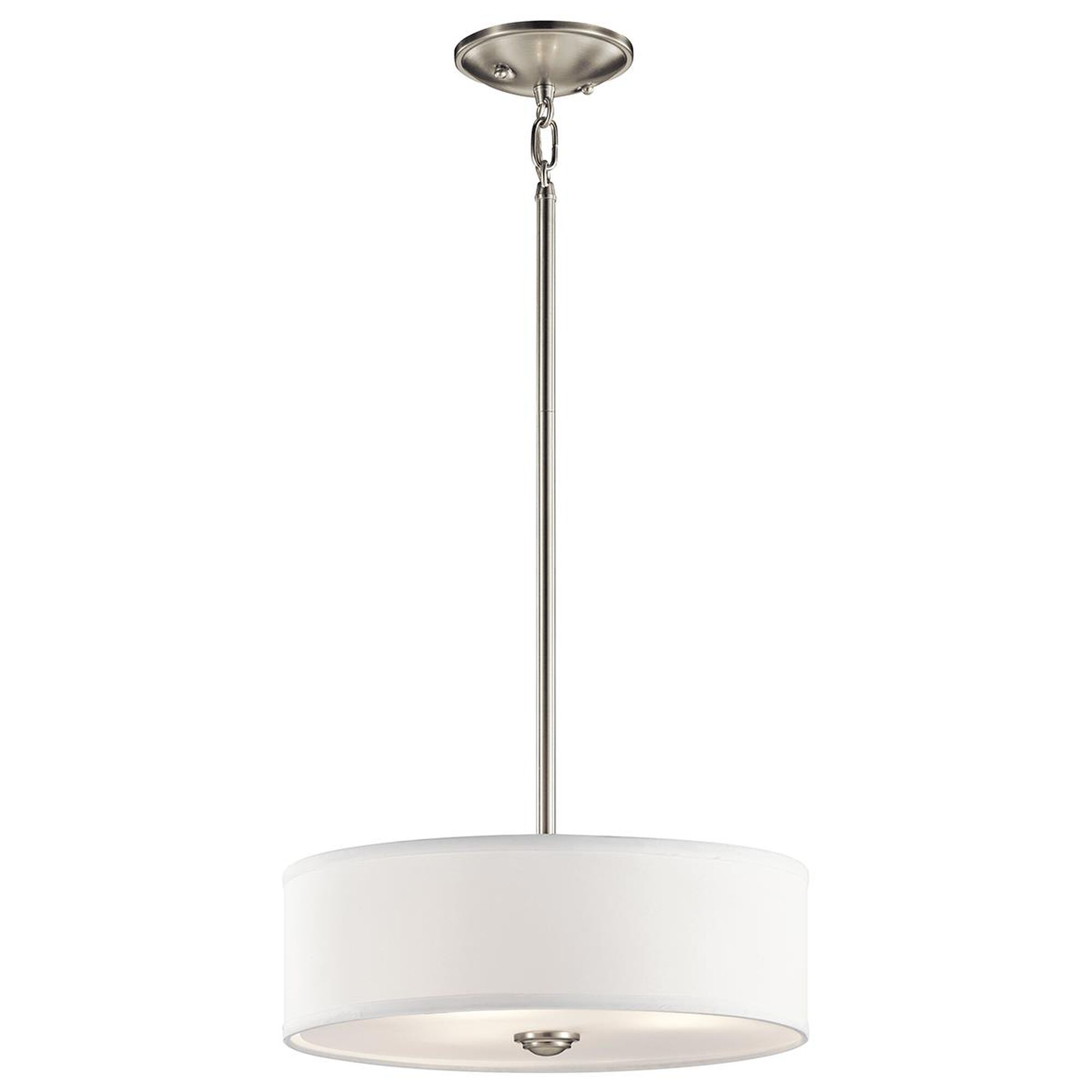 Shown in Brushed Nickel finish and Satin Etched glass and White Micro-Fiber shade