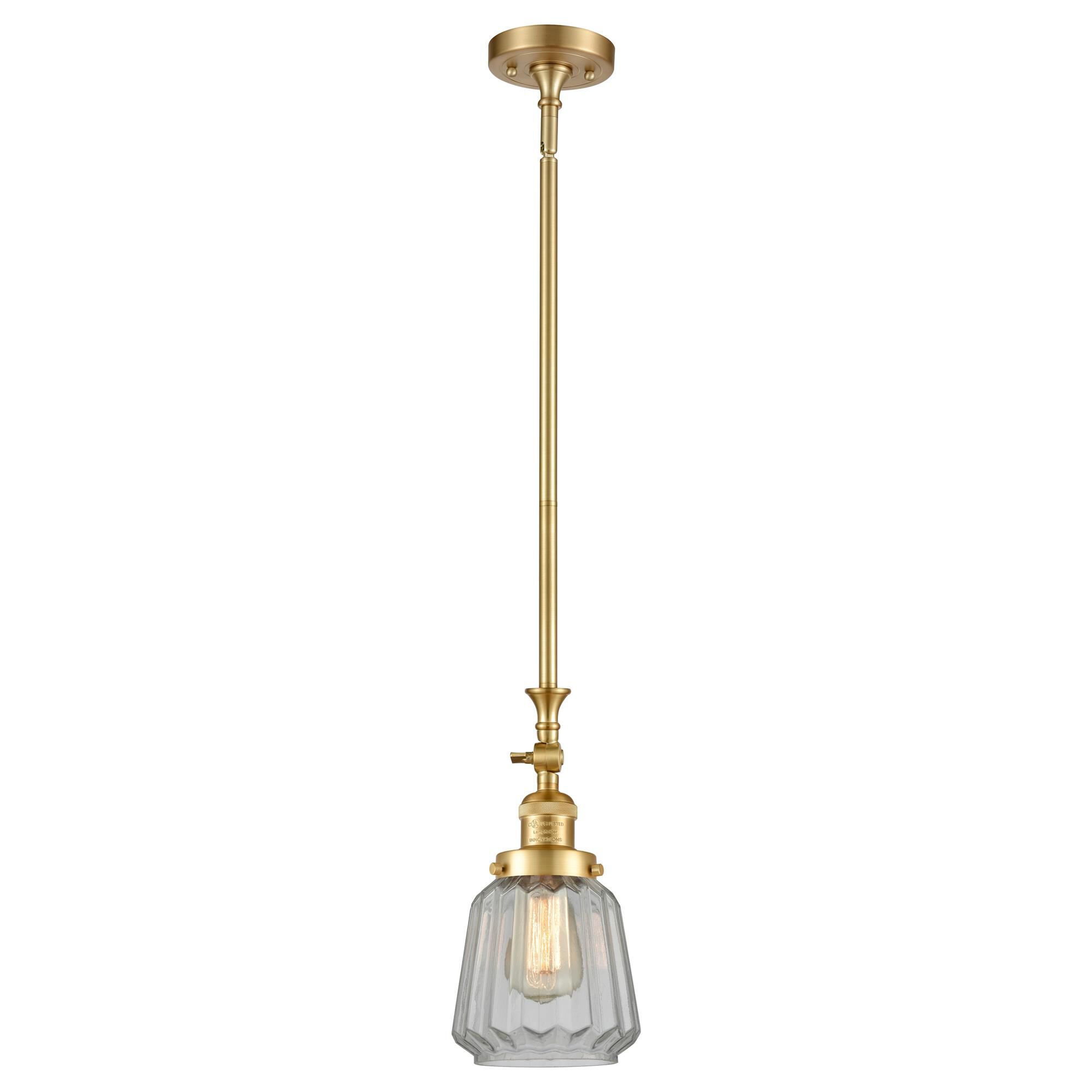 Shown in Satin Gold finish and Clear Chatham glass
