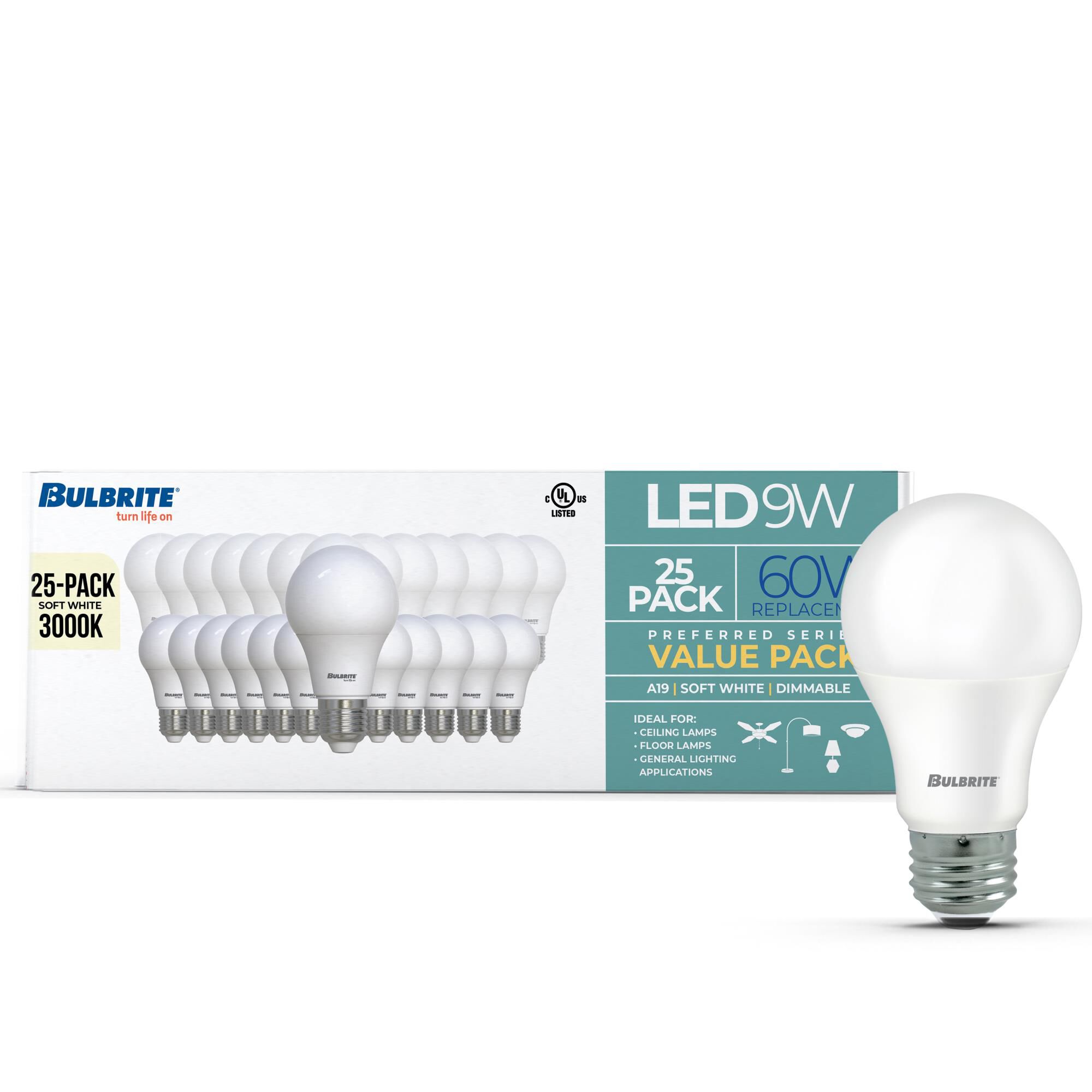 Frost A19 Base E26 3000K LED Light Bulb Pack of 25,