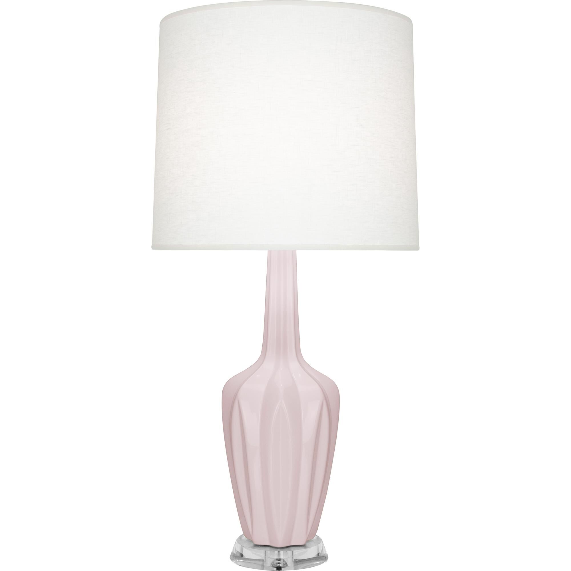 Shown in Rose Water Glazed finish and Oyster Linen shade and Lucite accent