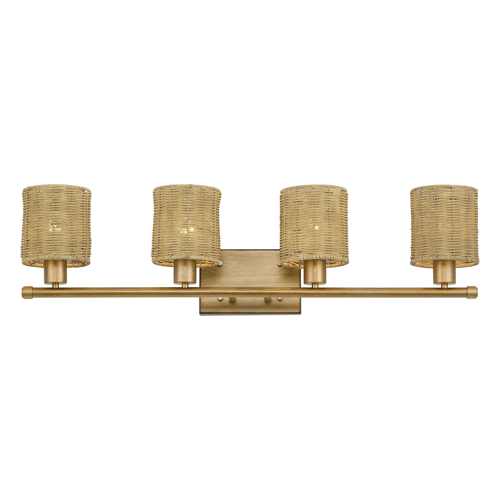 Shown in Antique Gold Leaf finish and Hand-Woven Rustic Walnut Color Rattan shade