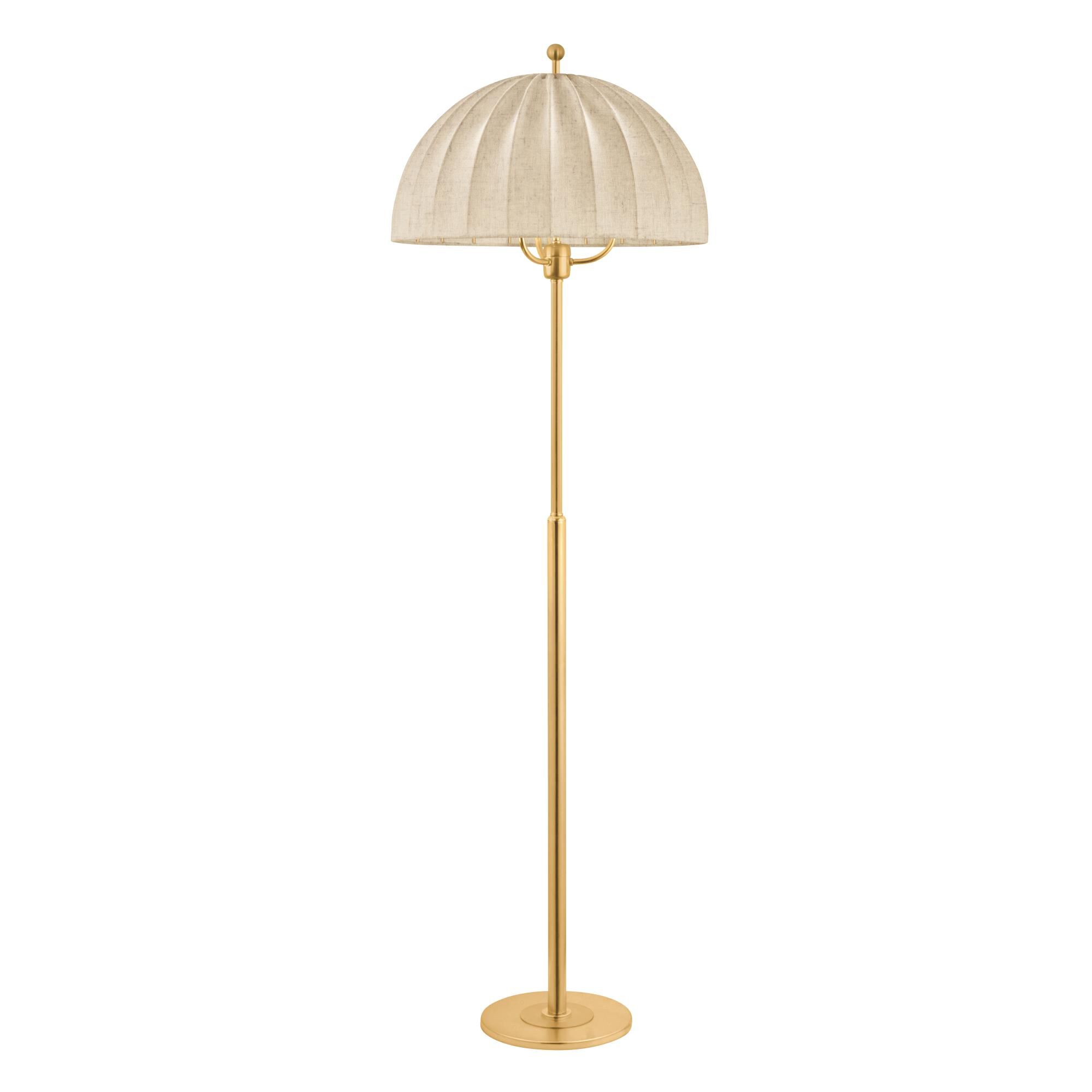 Shown in Aged Brass finish and Natural Linen shade