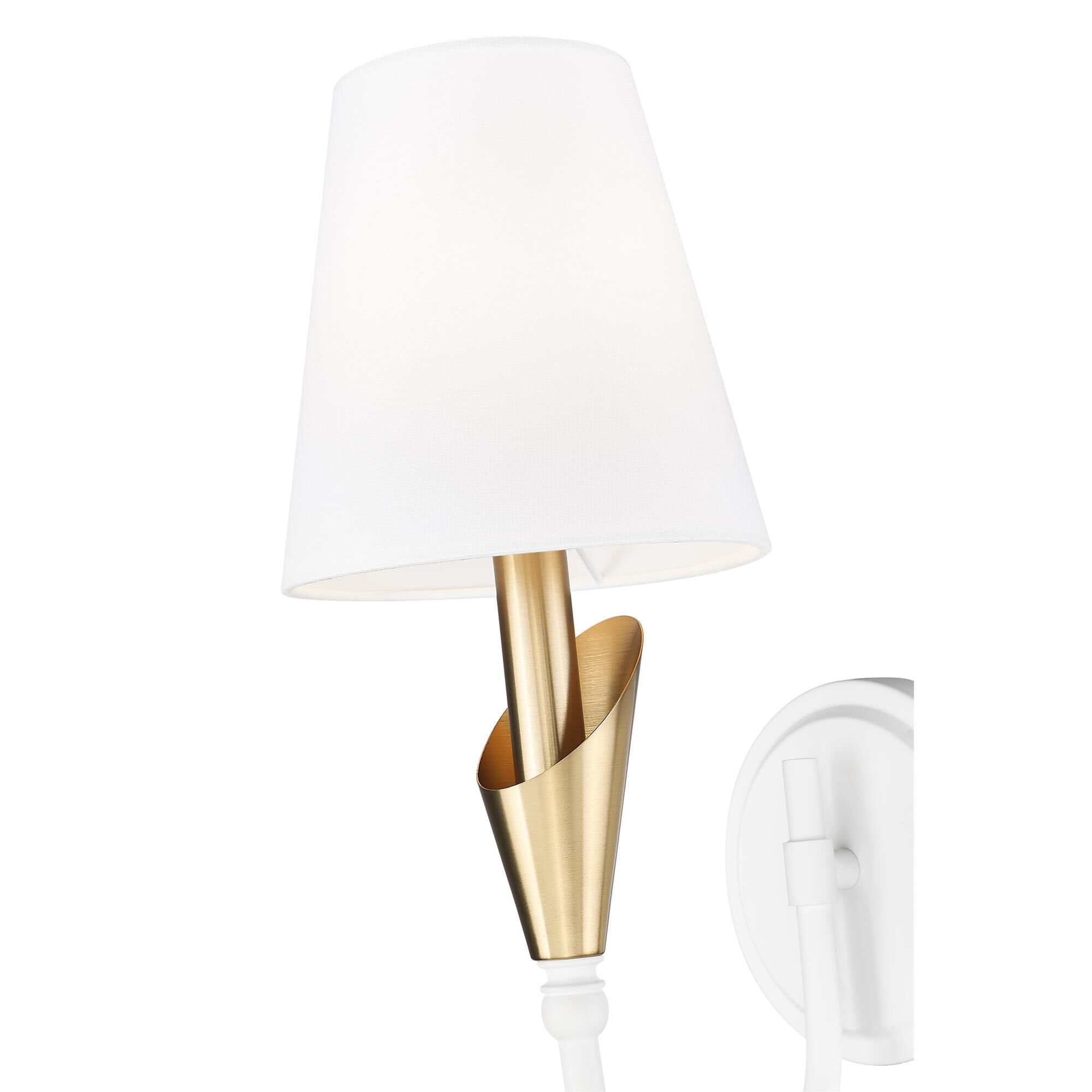 Shown in Textured White And Modern Gold finish and White glass and White shade