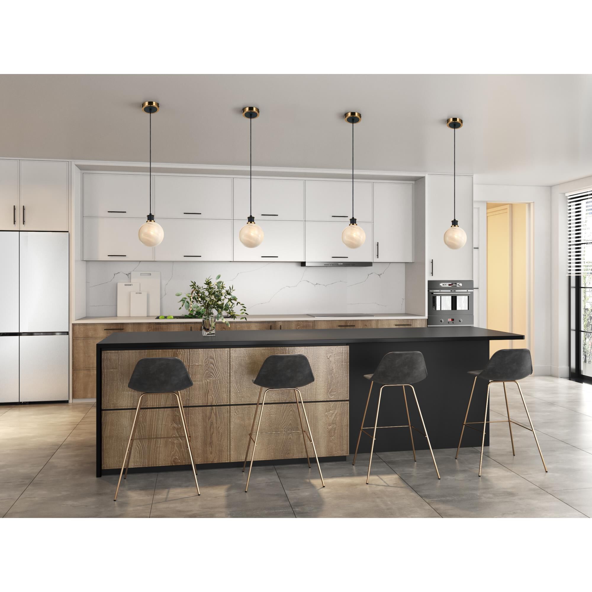 Shown in Black and Brushed Brass finish and Textured White glass