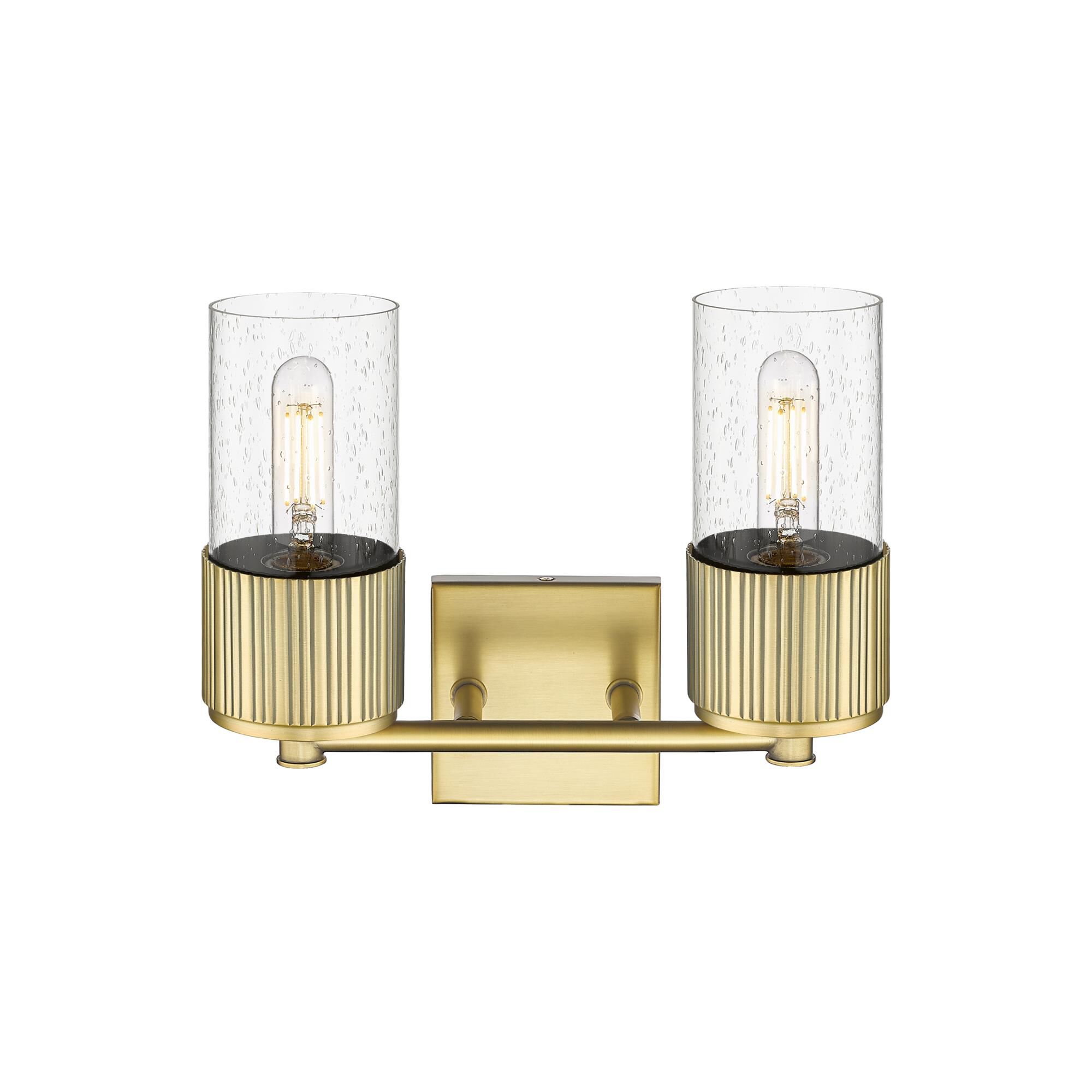 Shown in Brushed Brass finish and Seedy glass