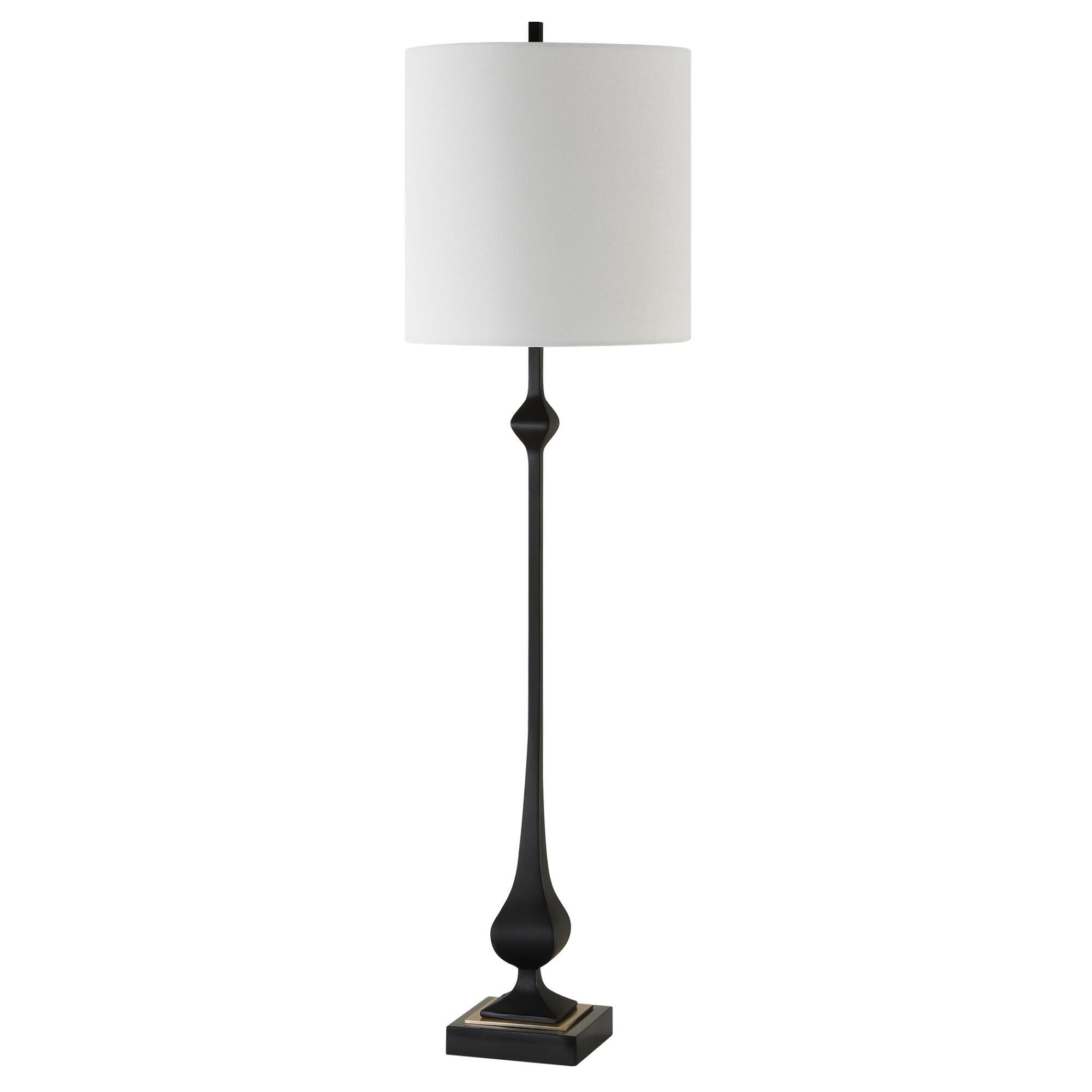 Shown in This Updated Traditional Buffet Lamp Is Finished In Satin Black With A Luxurious Velvet-Like Texture finish and Round Drum Hardback shade